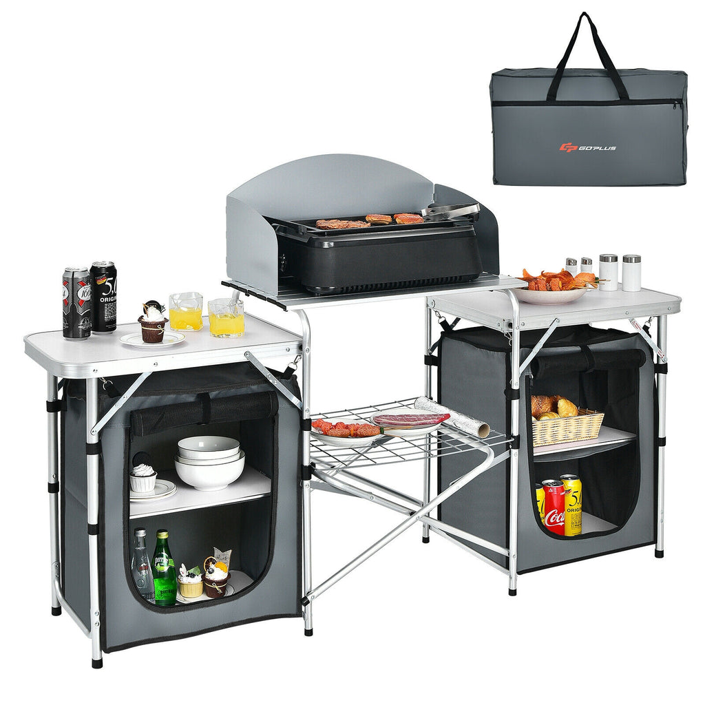 Table de camping pliante avec organisateur de rangement - Gris