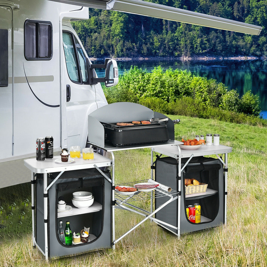 Table de camping pliante avec organisateur de rangement - Gris