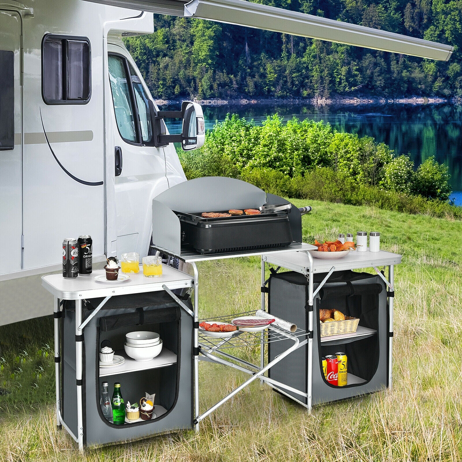 Table de camping pliante avec organisateur de rangement - Gris