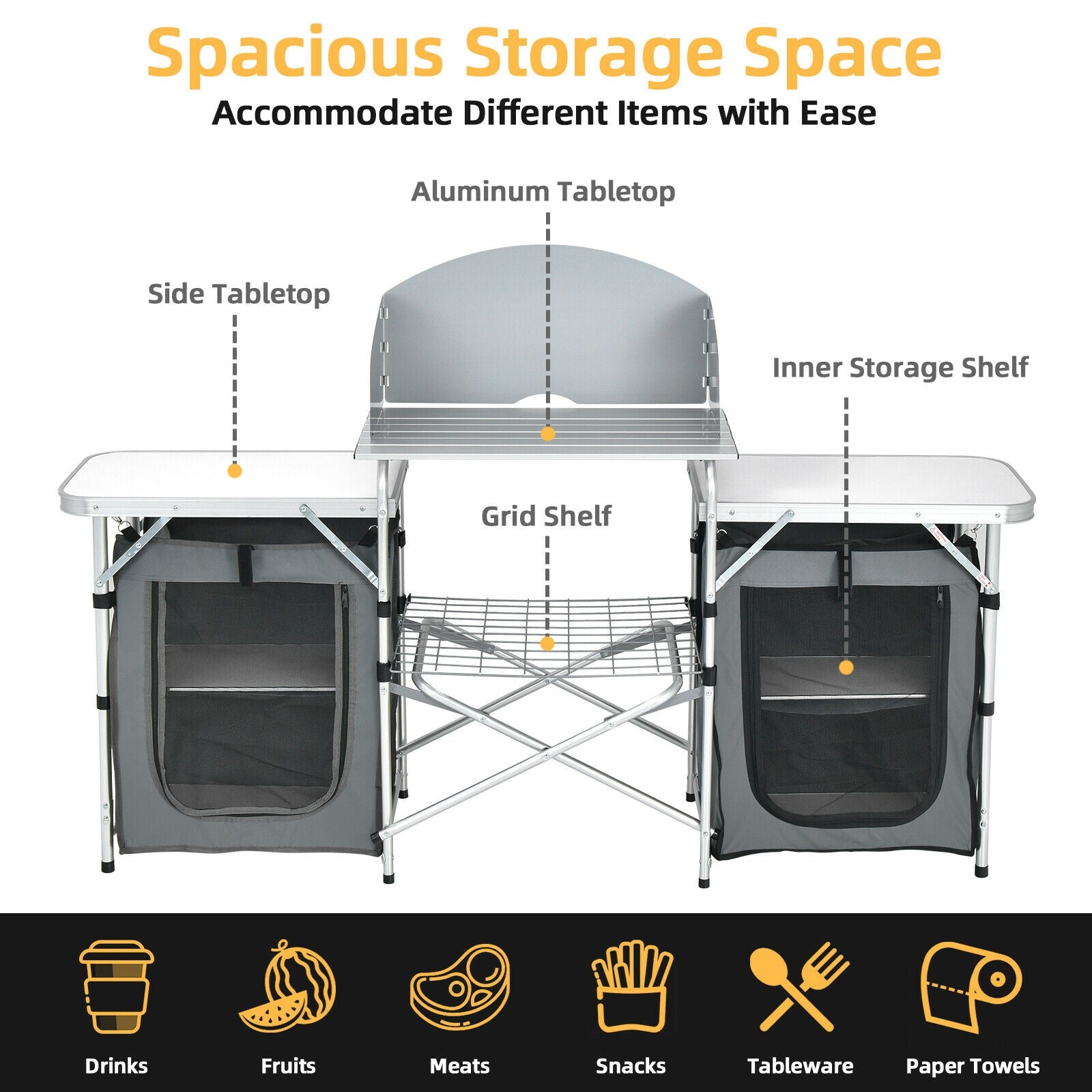 Table de camping pliante avec organisateur de rangement - Gris