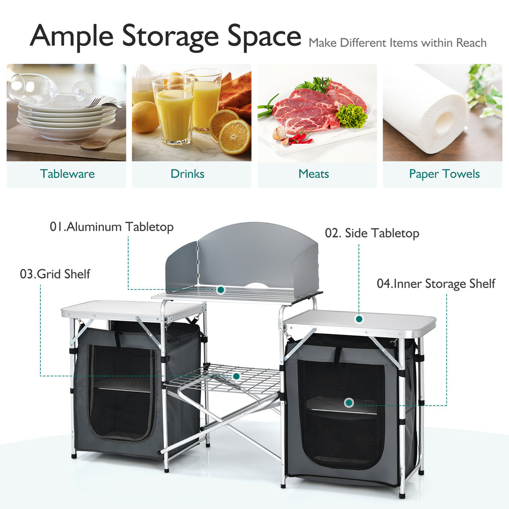 Table de camping pliante avec organisateur de rangement - Gris