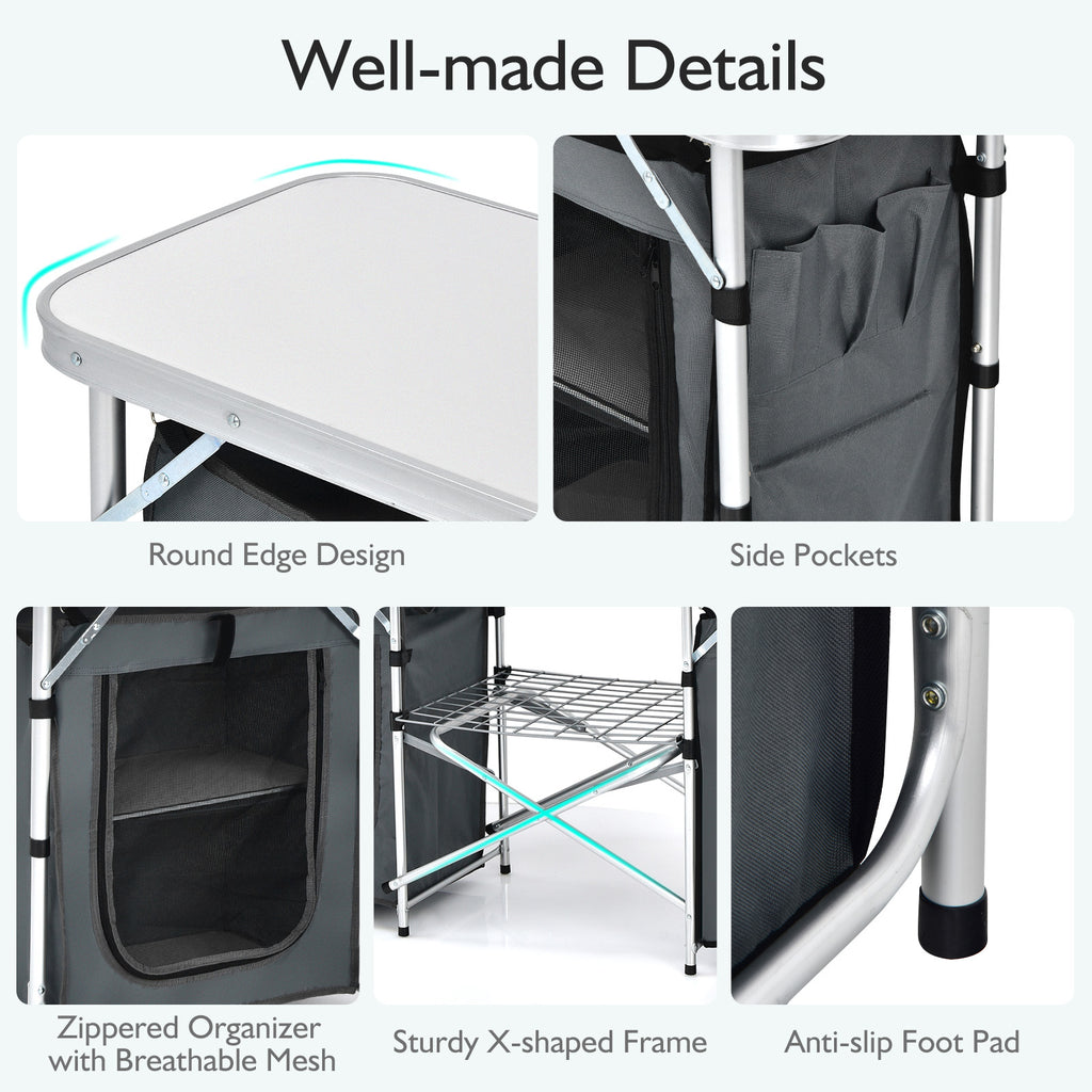 Table de camping pliante avec organisateur de rangement - Gris
