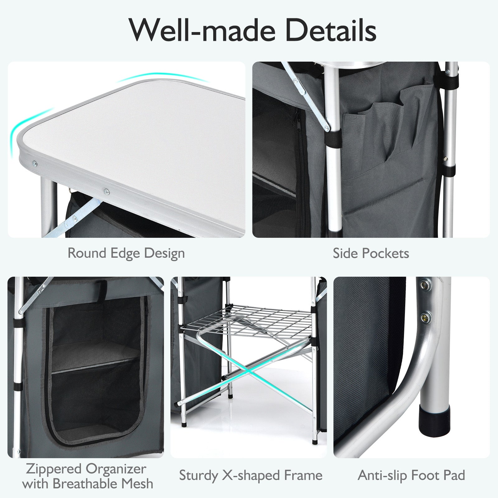 Table de camping pliante avec organisateur de rangement - Gris