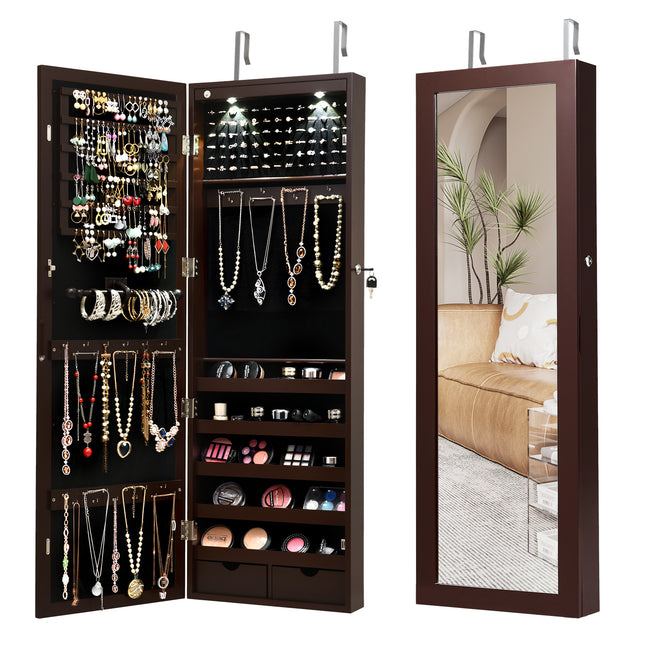 Lockable Wall Mount Mirrored Jewelry Cabinet with LED Lights-Brown