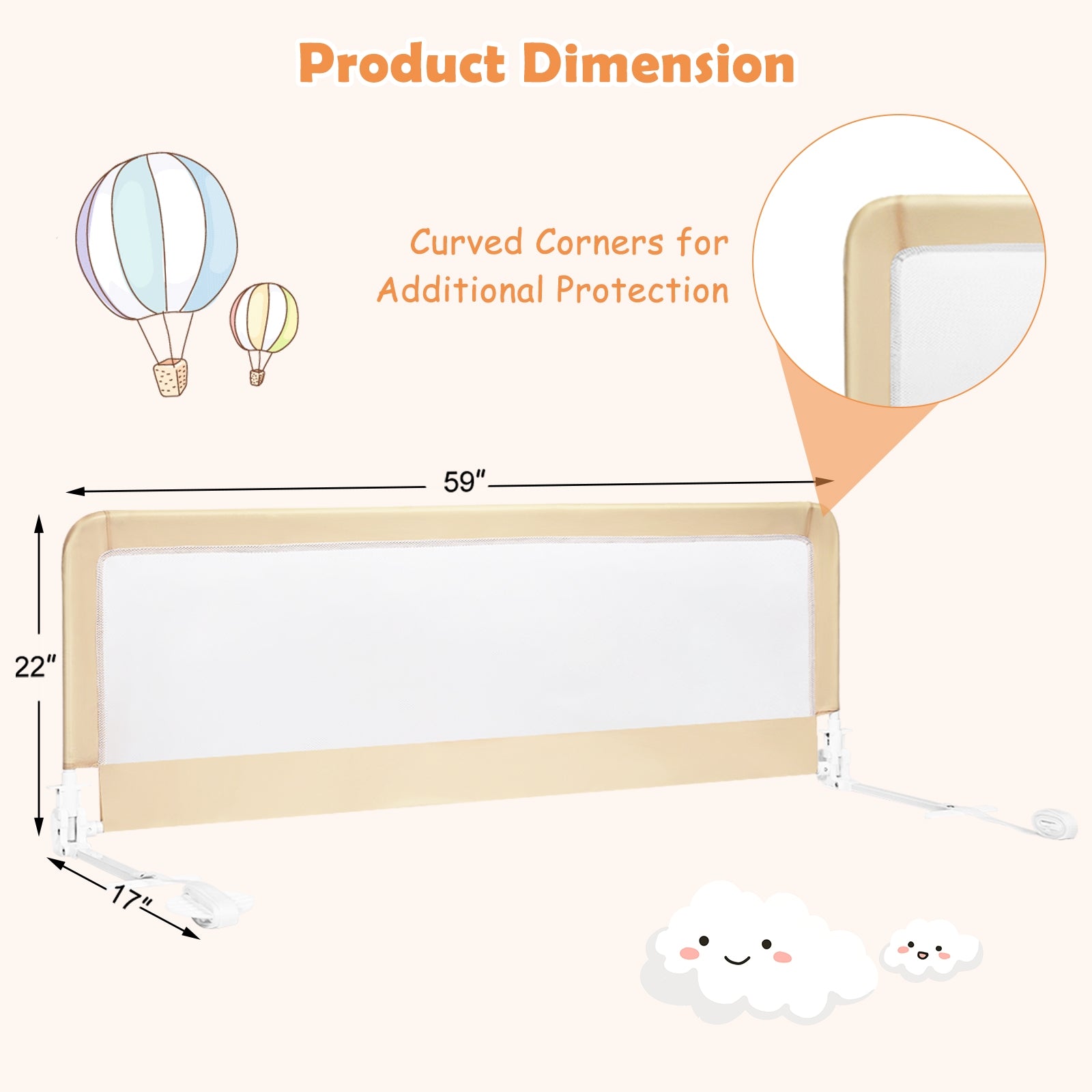 59 Inch Extra Long Folding Breathable Baby Children Toddlers Bed Rail Guard with Safety Strap-Beige