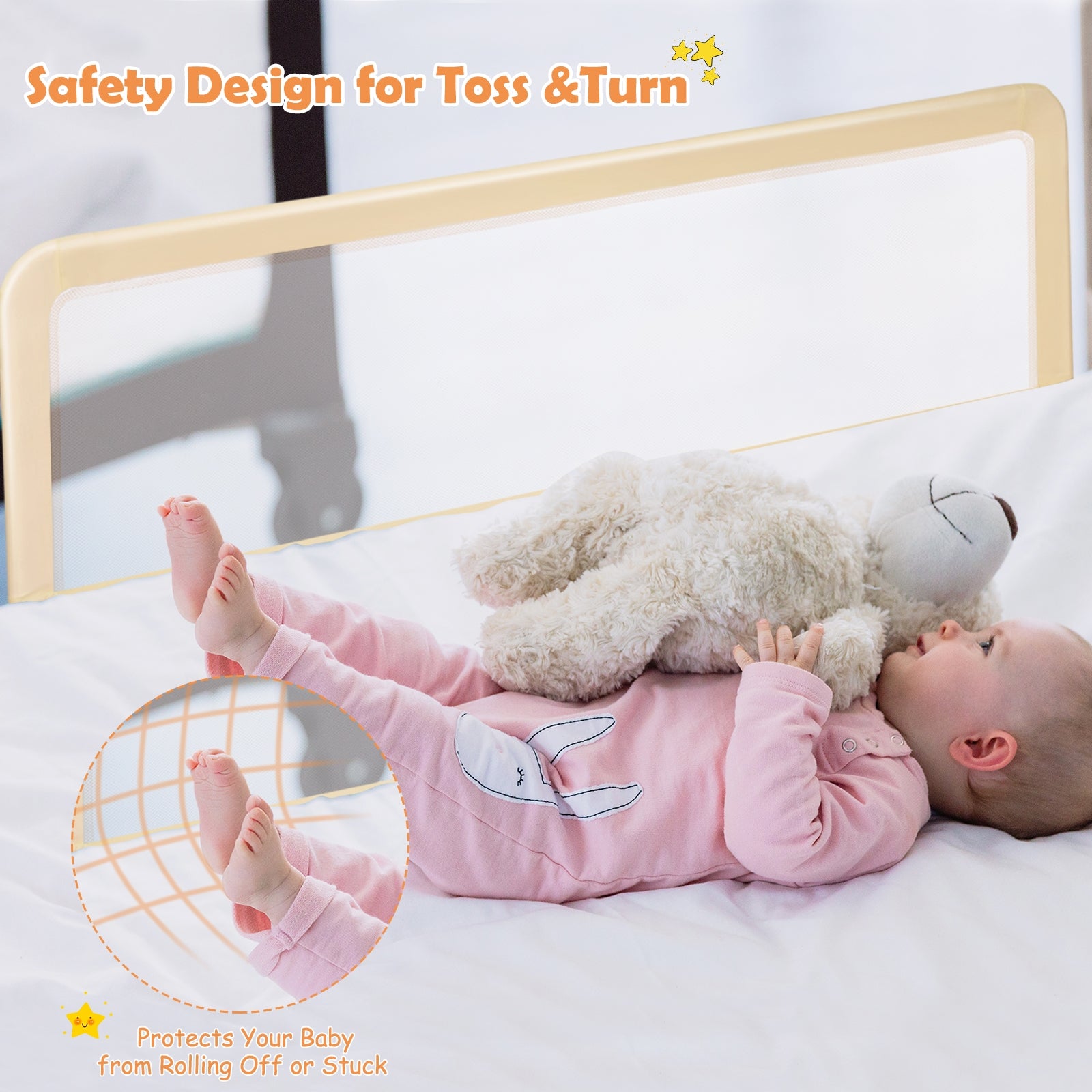59 Inch Extra Long Folding Breathable Baby Children Toddlers Bed Rail Guard with Safety Strap-Beige