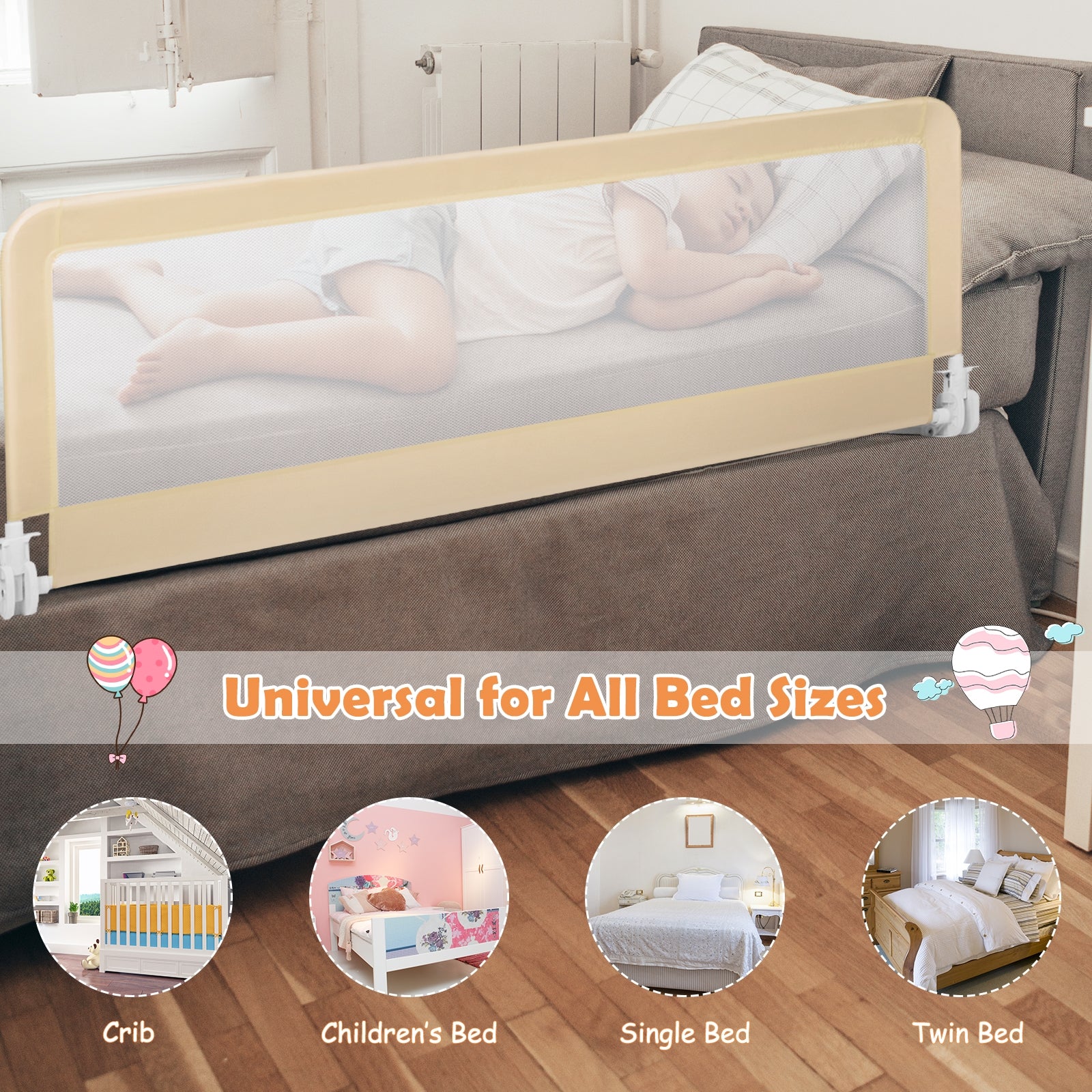 59 Inch Extra Long Folding Breathable Baby Children Toddlers Bed Rail Guard with Safety Strap-Beige