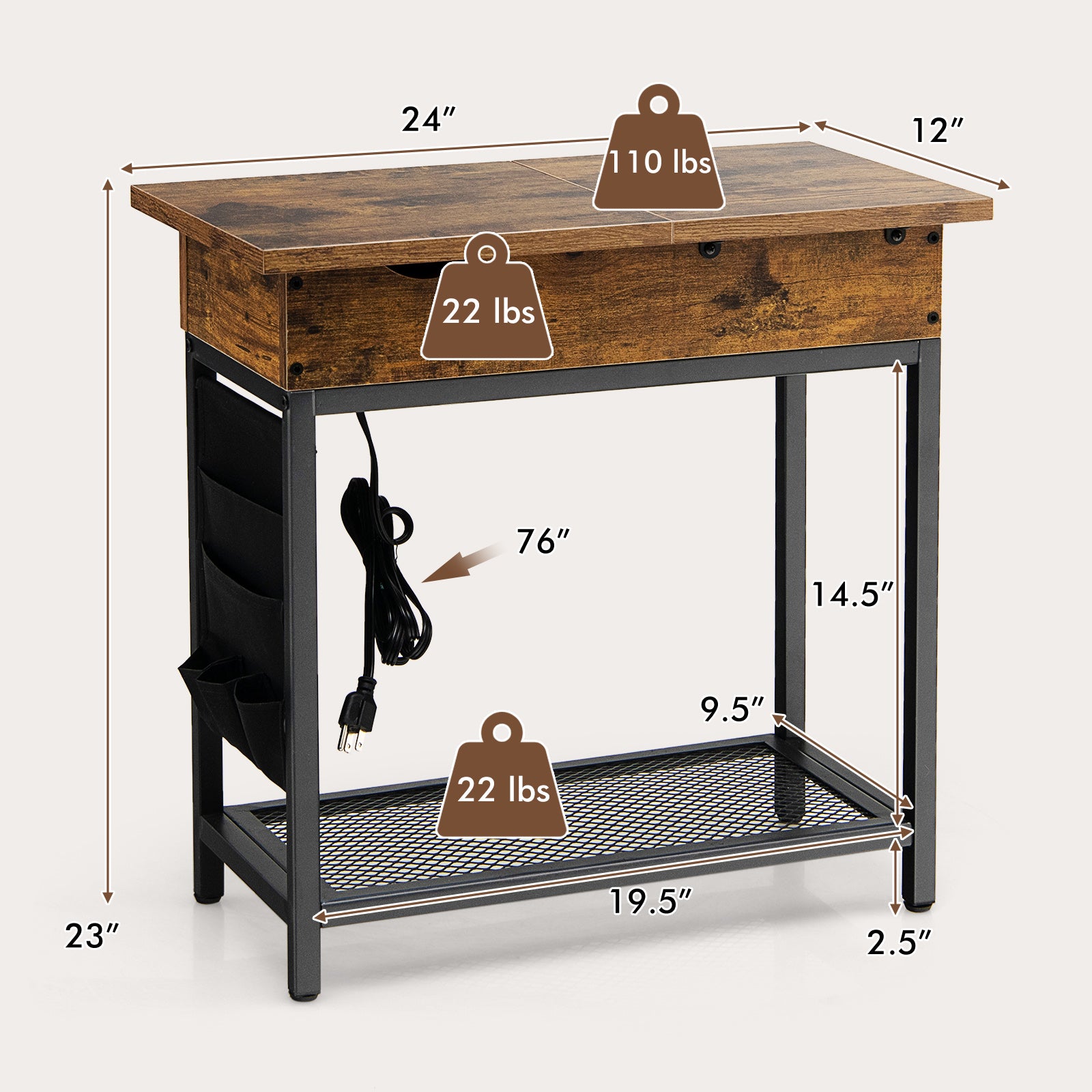 Industrial End Table with Charging Station and Flip Top-Rustic Brown