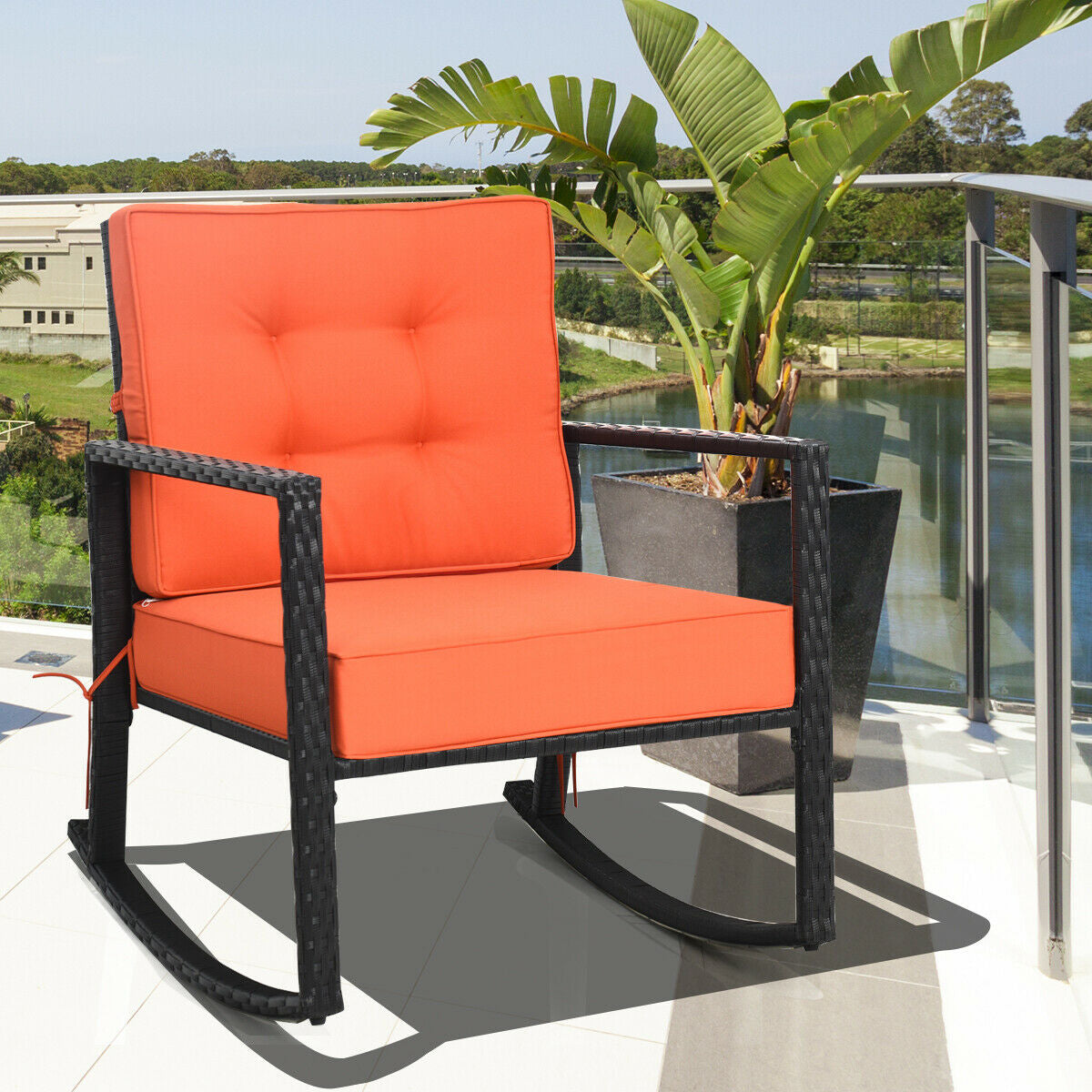 Fauteuil à bascule extérieur en rotin pour patio, avec coussin, couleur orange