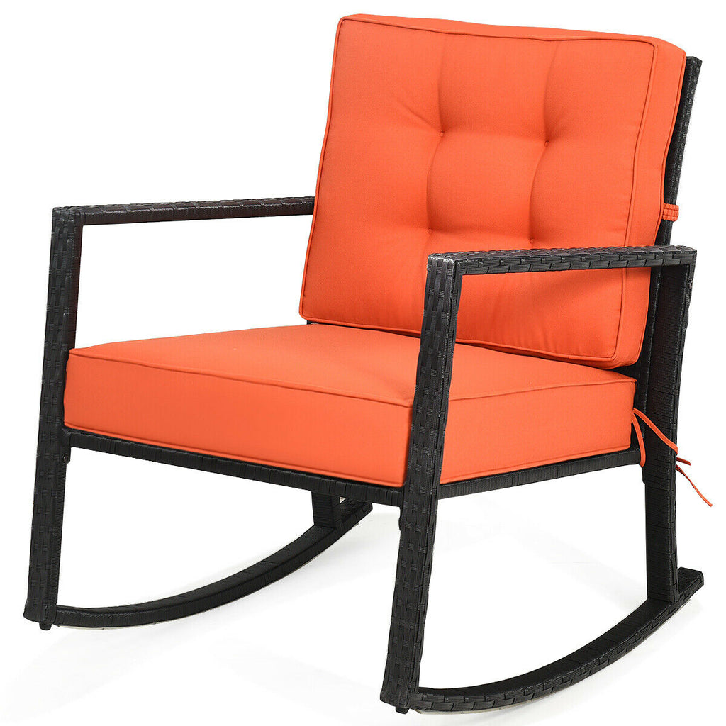 Fauteuil à bascule extérieur en rotin pour patio, avec coussin, couleur orange