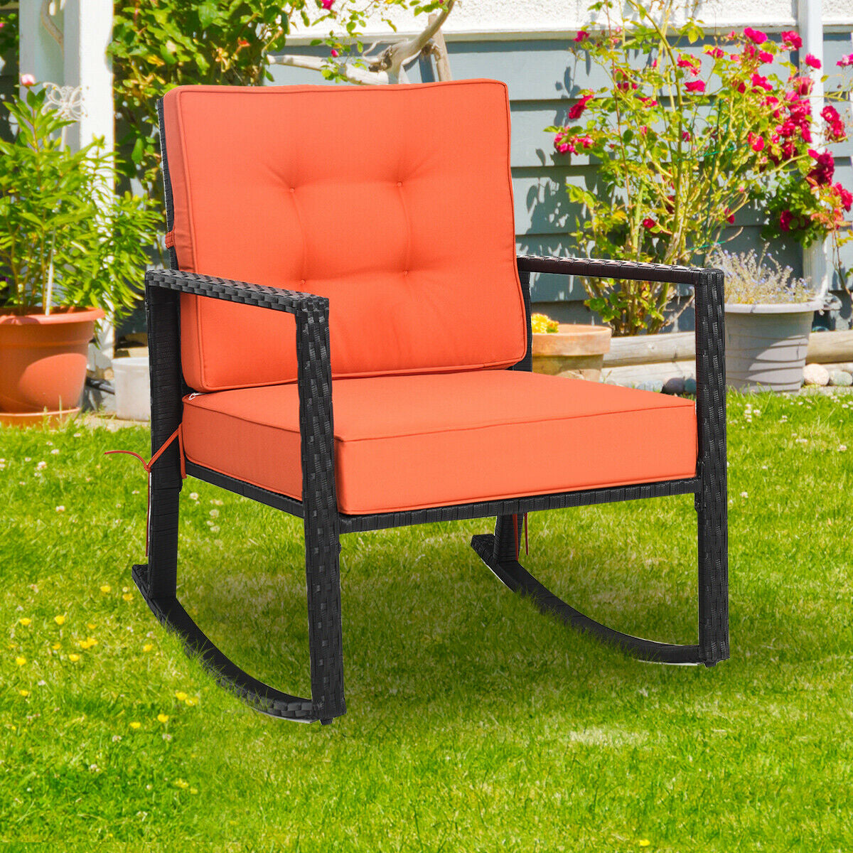 Fauteuil à bascule extérieur en rotin pour patio, avec coussin, couleur orange