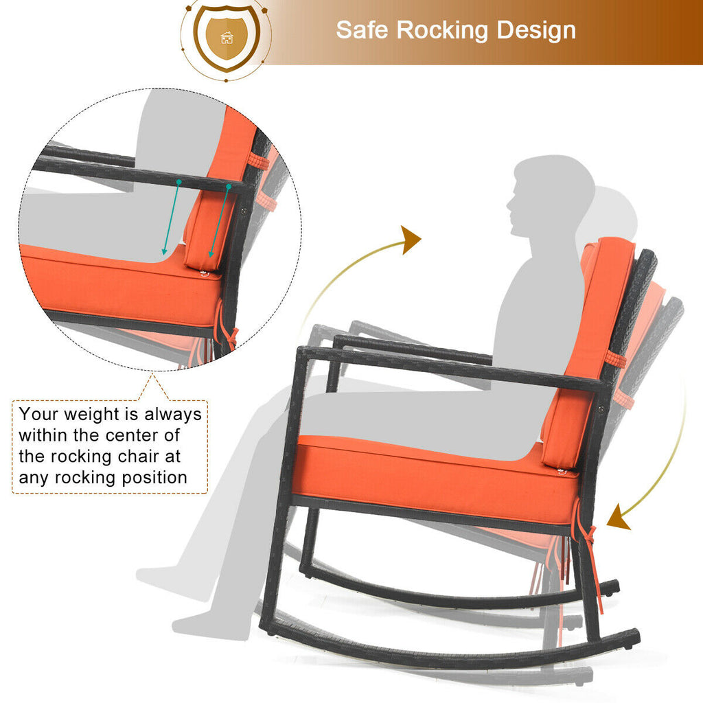 Fauteuil à bascule extérieur en rotin pour patio, avec coussin, couleur orange