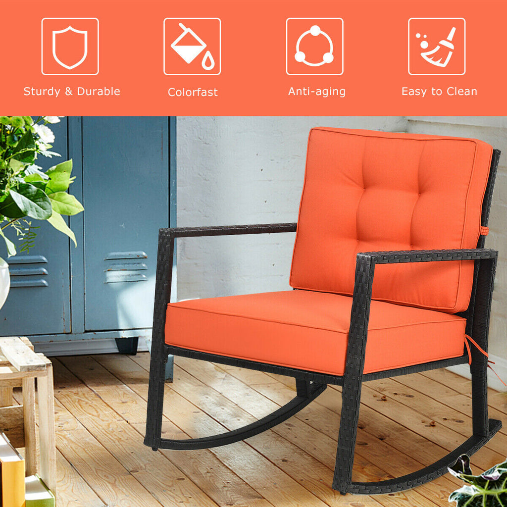 Fauteuil à bascule extérieur en rotin pour patio, avec coussin, couleur orange