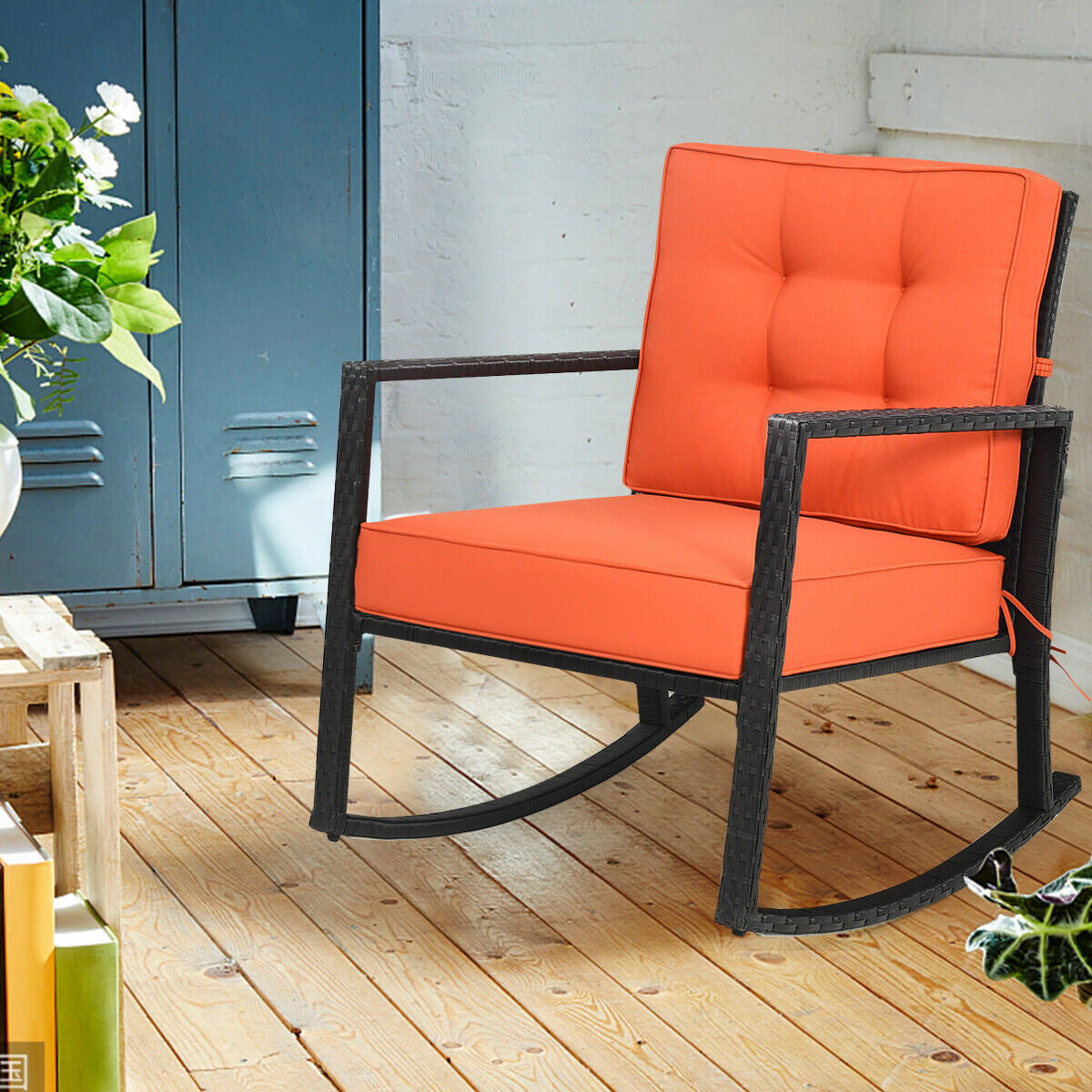 Fauteuil à bascule extérieur en rotin pour patio, avec coussin, couleur orange