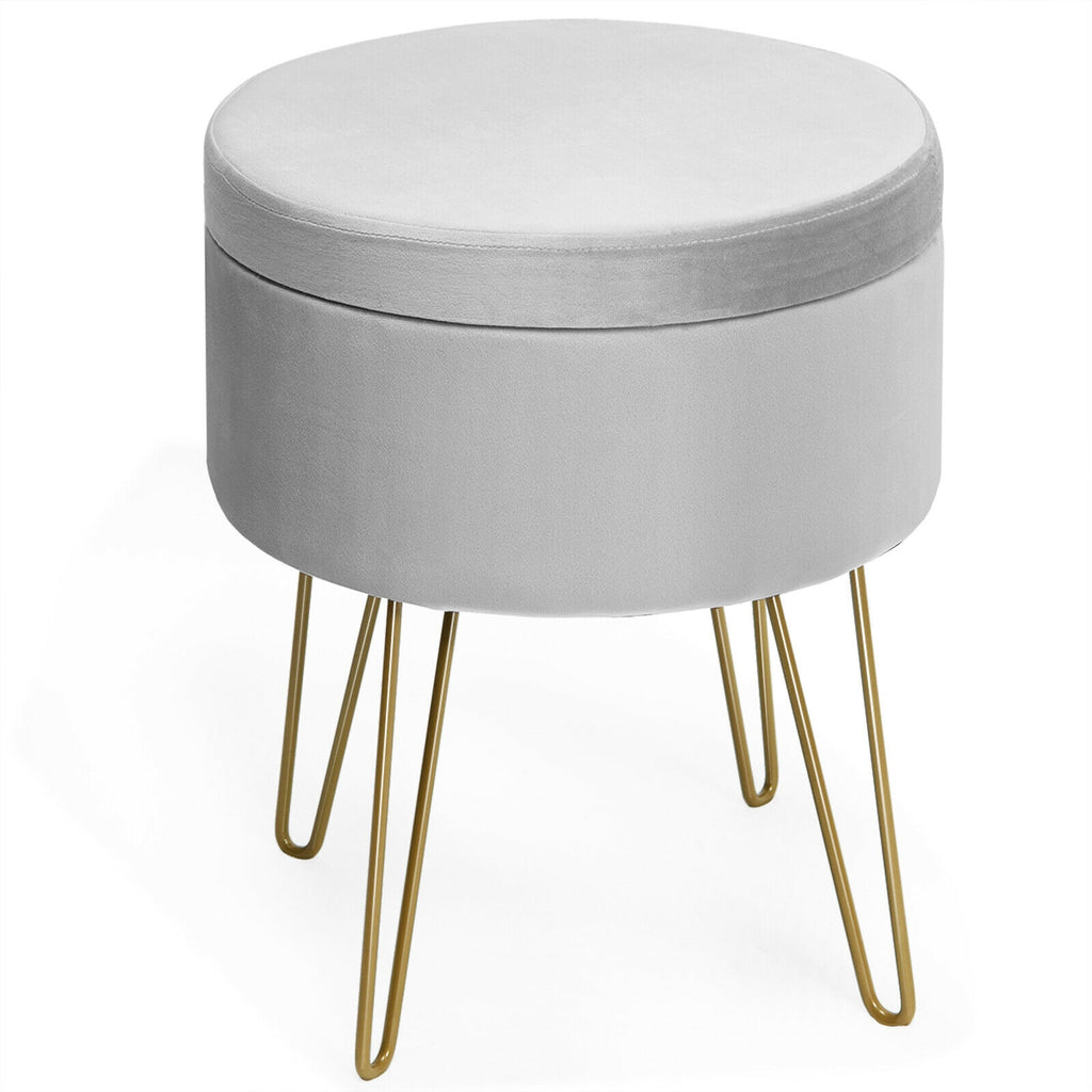 Round Velvet Storage Ottoman Footrest Stool Vanity Chair with Metal Legs-Gray