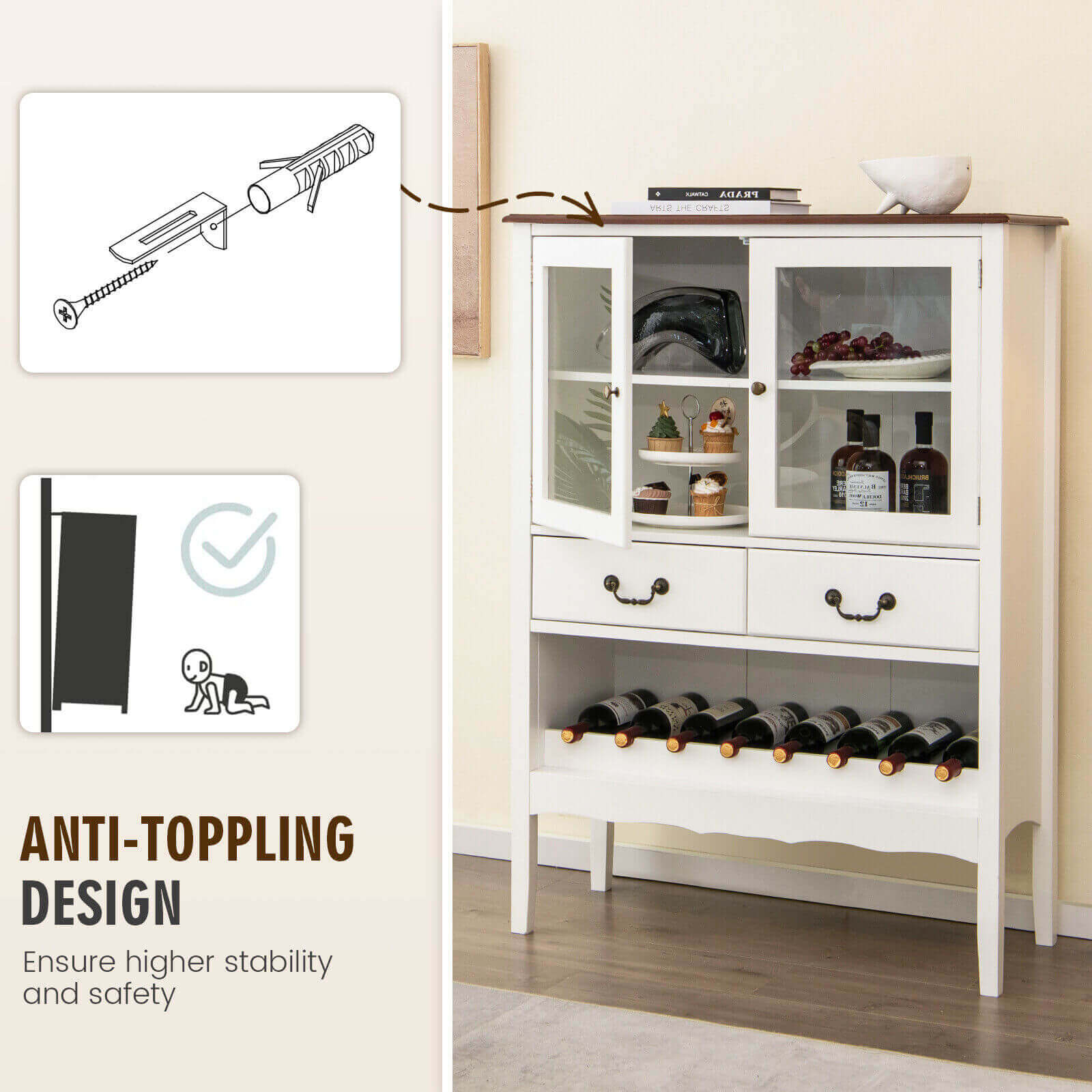 Sideboard Buffet Cabinet with 2 Tempered Glass Doors-White