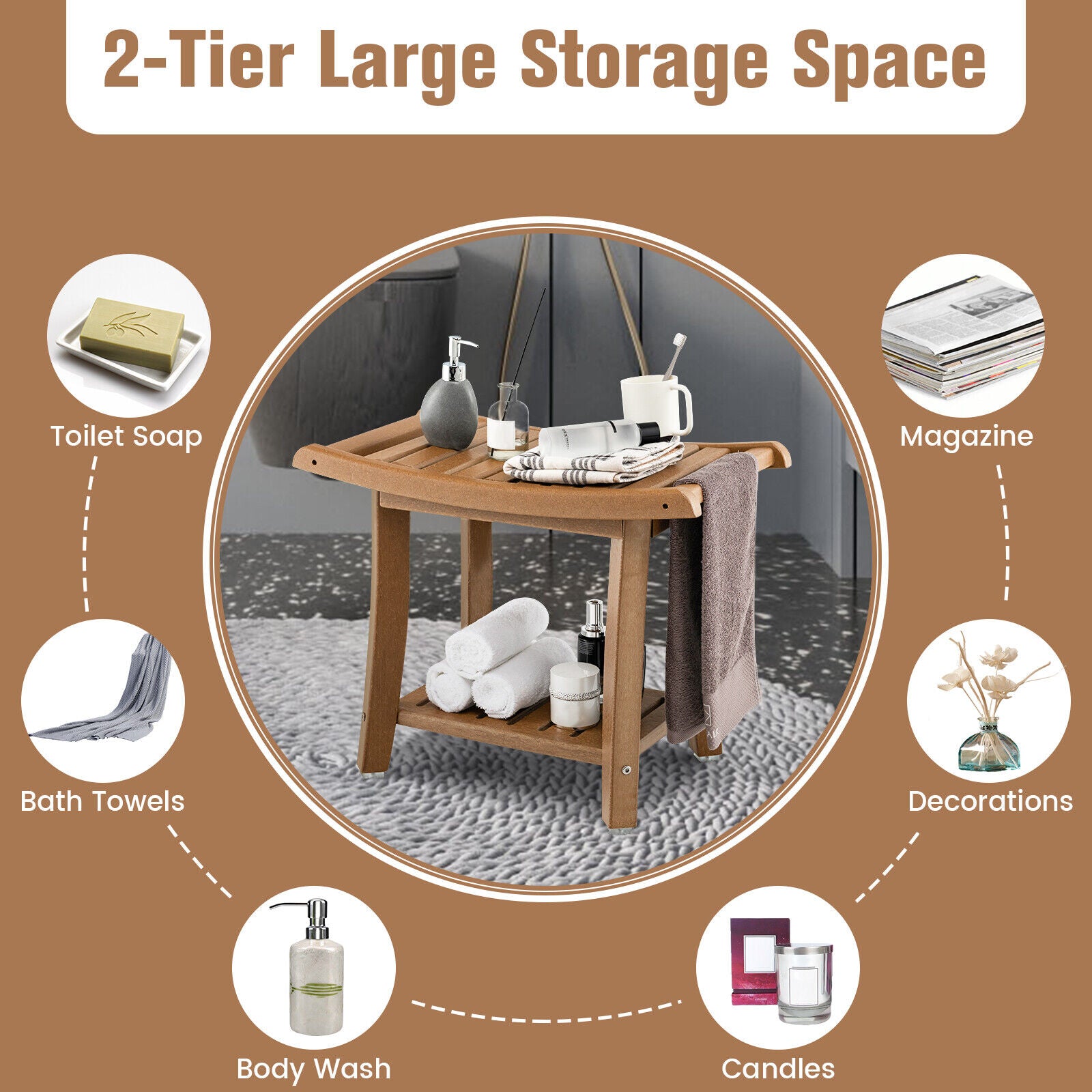 Waterproof Bath Stool with Curved Seat and Storage Shelf-Brown