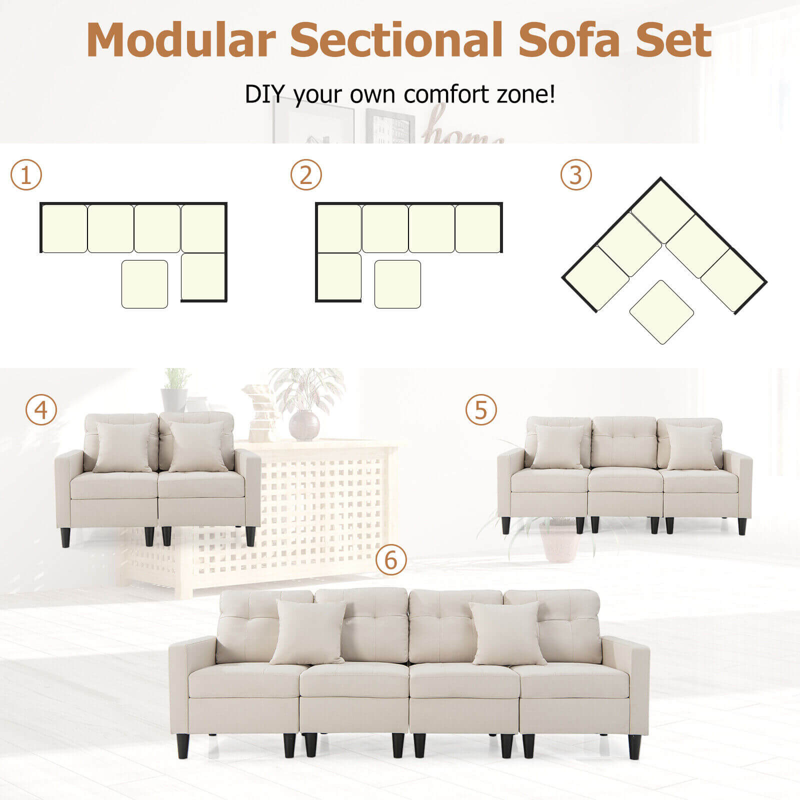 L-shaped Sectional Corner Sofa Set with Storage Ottoman-Beige