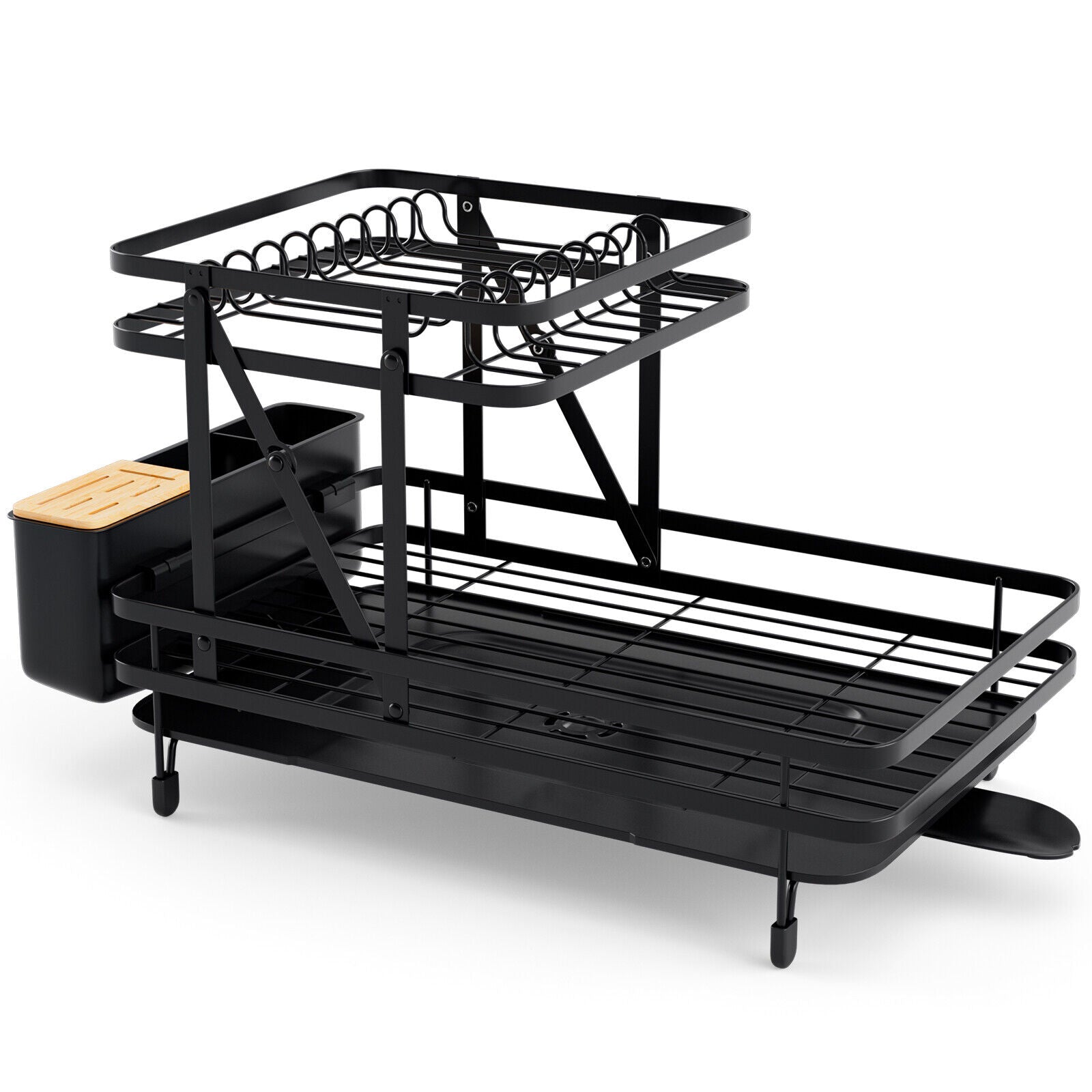 2-Tier Collapsible Dish Rack with Removable Drip Tray-Black