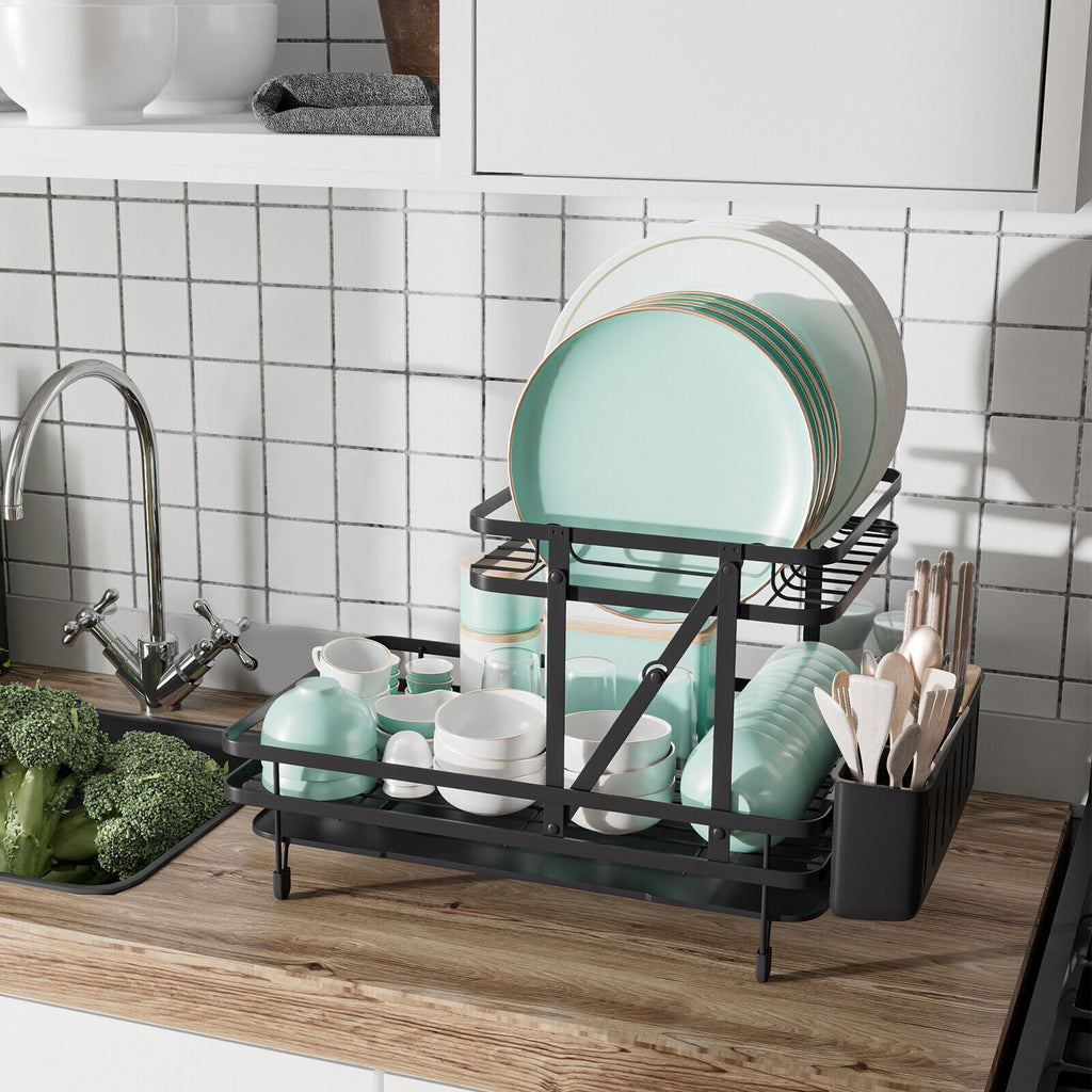 2-Tier Collapsible Dish Rack with Removable Drip Tray-Black