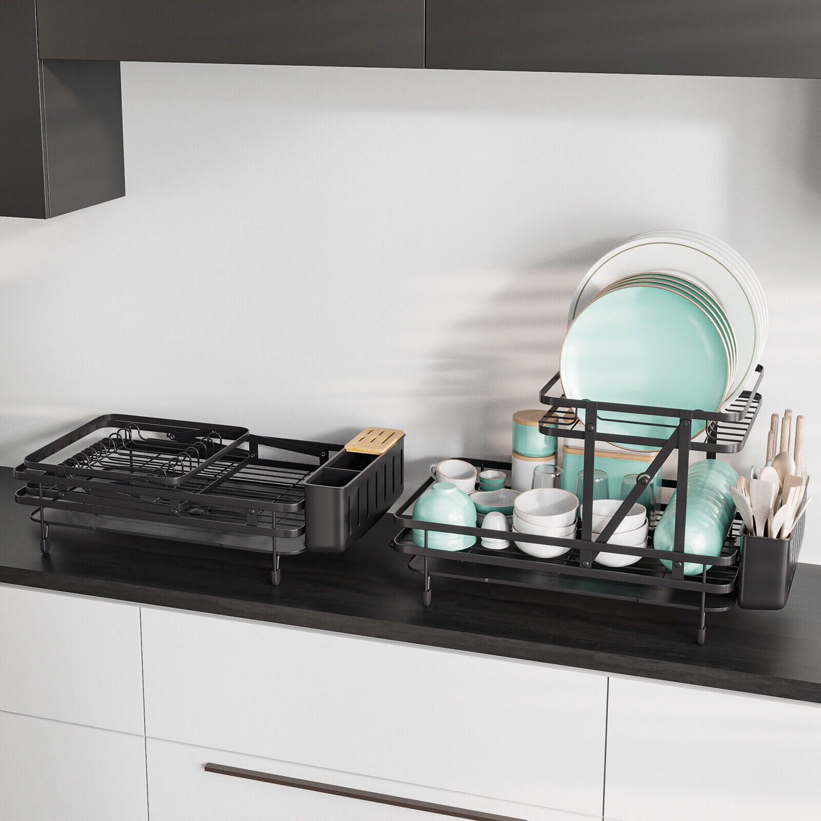 2-Tier Collapsible Dish Rack with Removable Drip Tray-Black