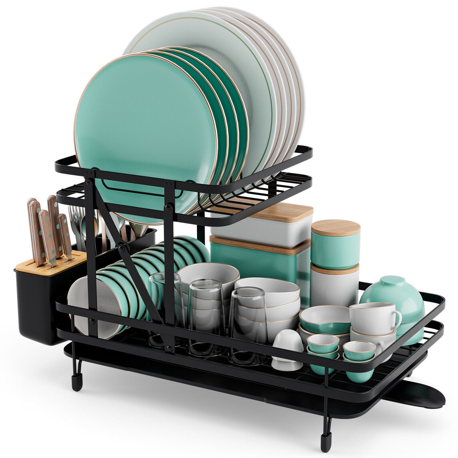 2-Tier Collapsible Dish Rack with Removable Drip Tray-Black
