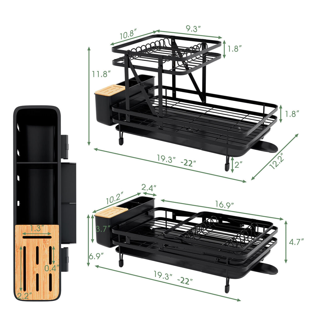 2-Tier Collapsible Dish Rack with Removable Drip Tray-Black