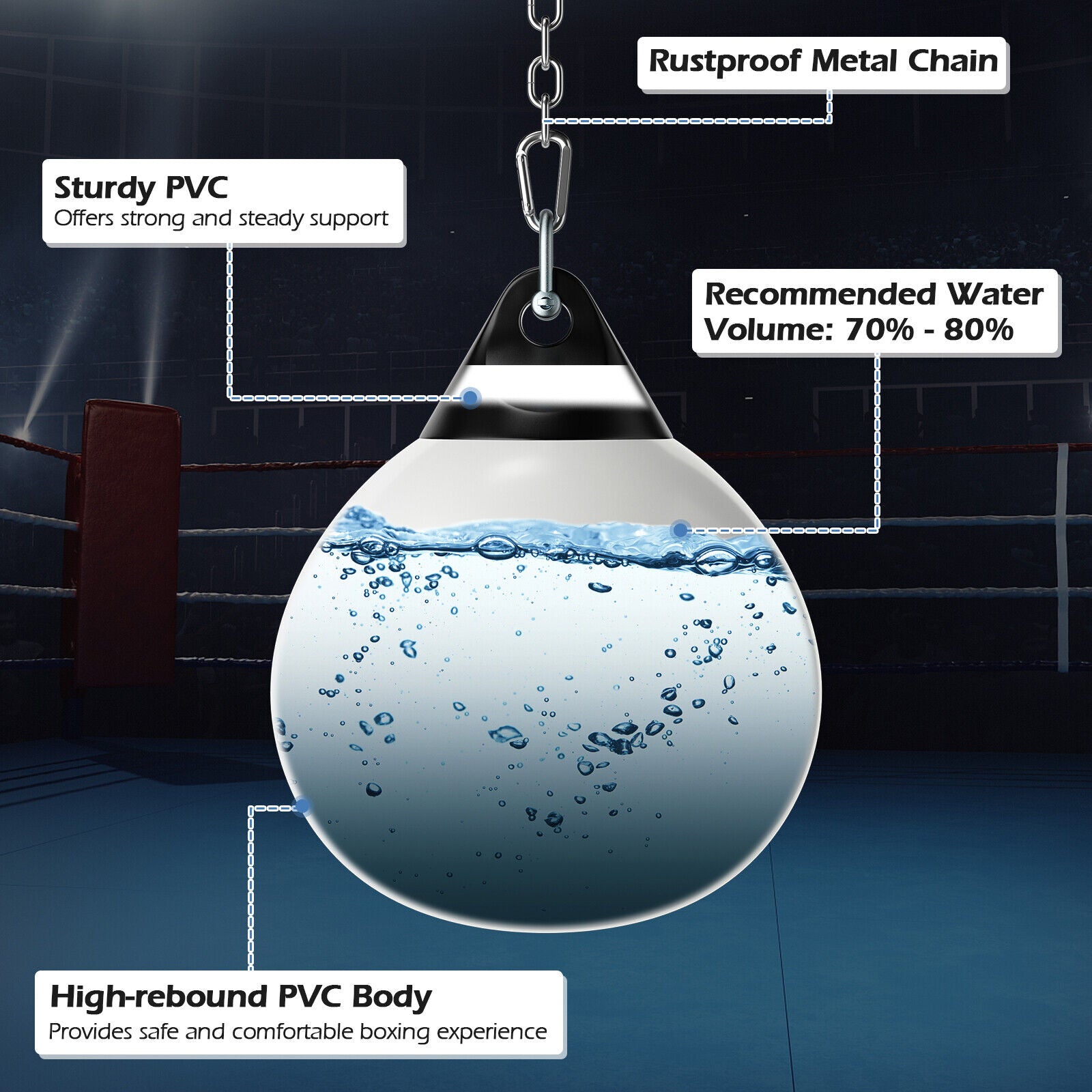 18 Inch 110 Pound Heavy Punching Water Aqua Bag with Adjustable Metal Chain-White
