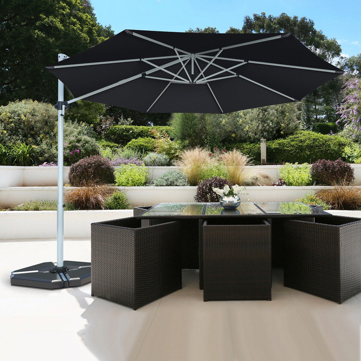 Parasol déporté inclinable en aluminium, rotation à 360°, 3,35 m - Gris