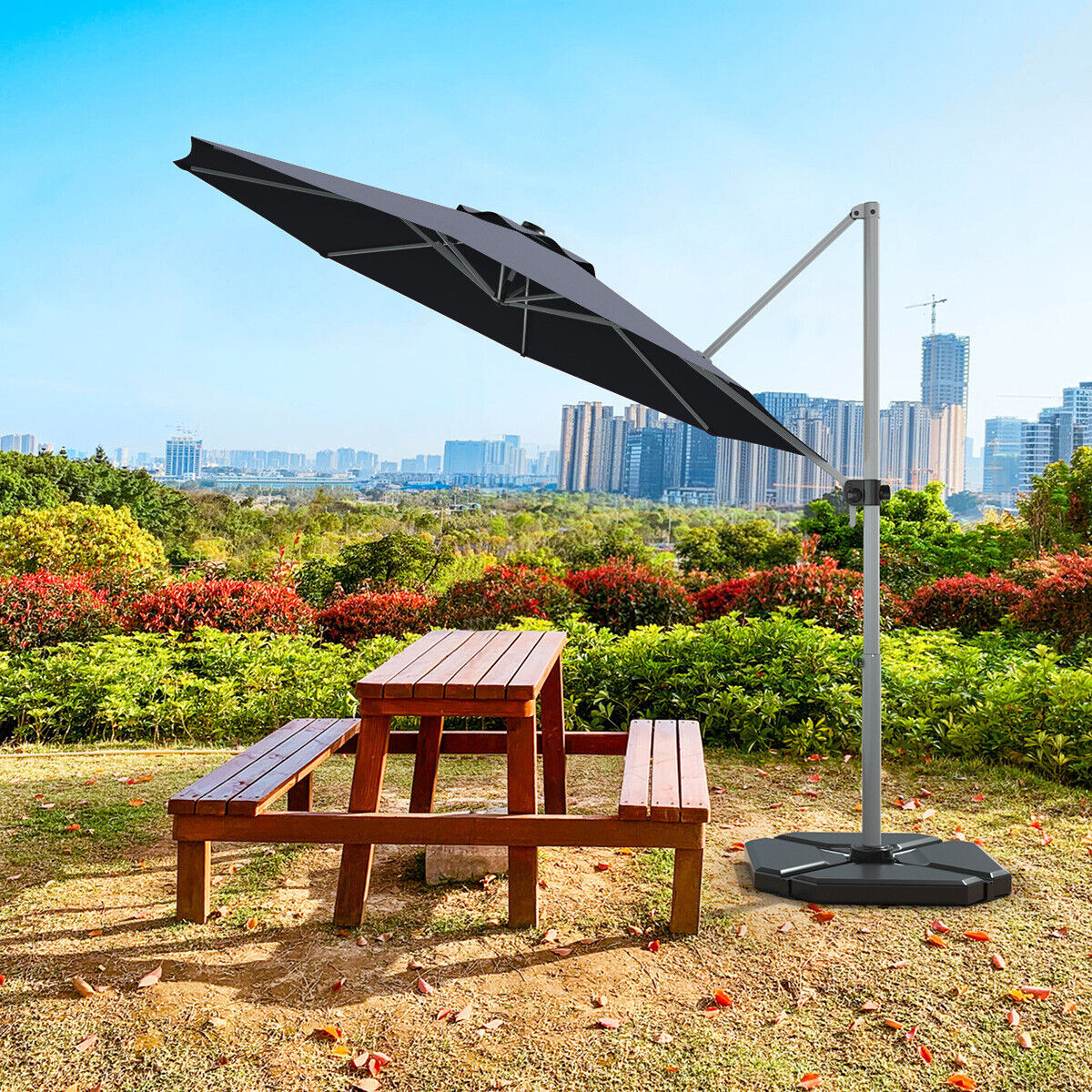Parasol déporté inclinable en aluminium, rotation à 360°, 3,35 m - Gris