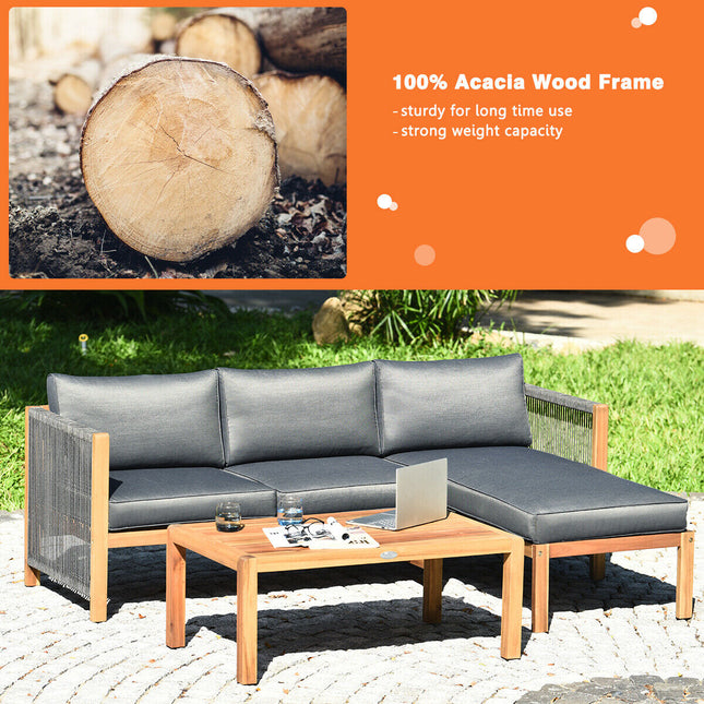 3 Piece Patio Acacia Sofa Set with Nylon Armrest