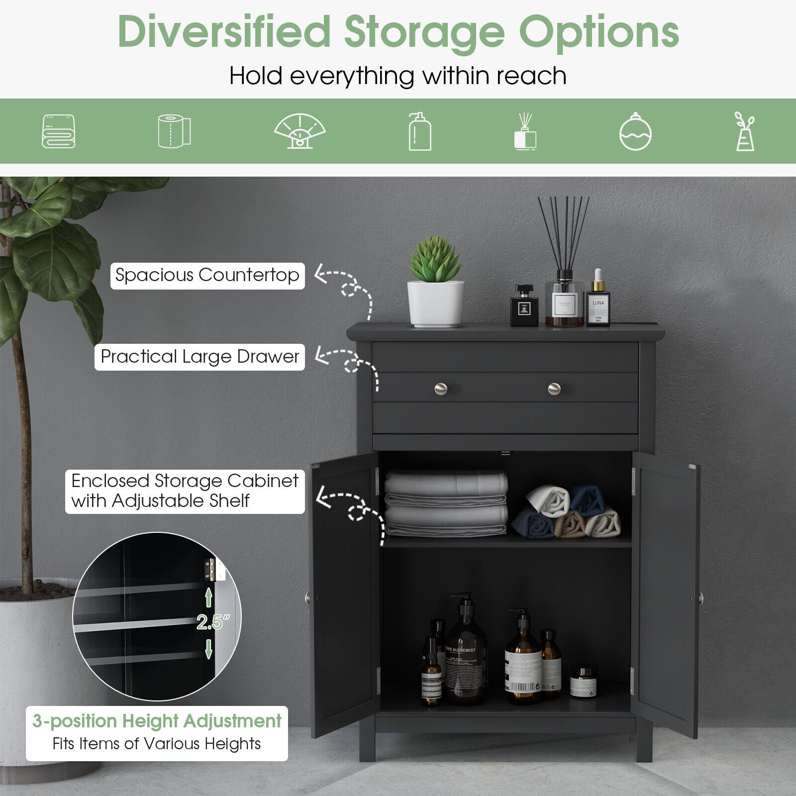 2-Door Freestanding Bathroom Cabinet with Drawer and Adjustable Shelf-Black