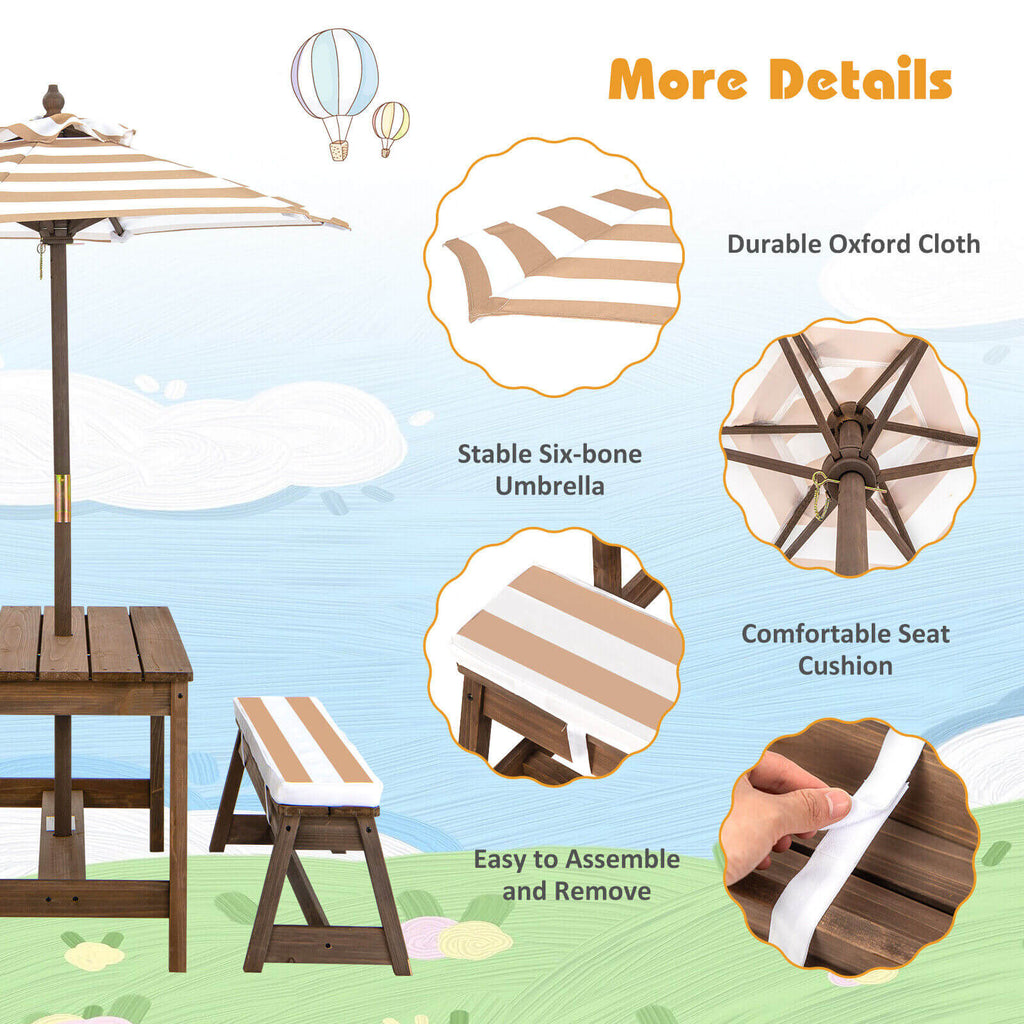 Kids Picnic Table and Bench Set with Cushions and Height Adjustable Umbrella-Brown