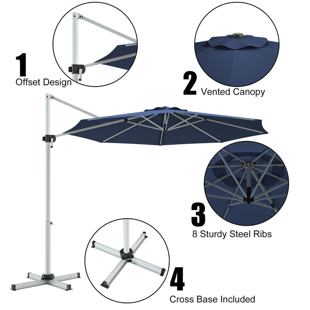 Parasol déporté inclinable en aluminium de 3,35 m à rotation 360° pour patio – Bleu marine