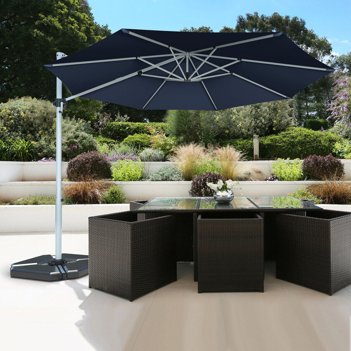 Parasol déporté inclinable en aluminium de 3,35 m à rotation 360° pour patio – Bleu marine