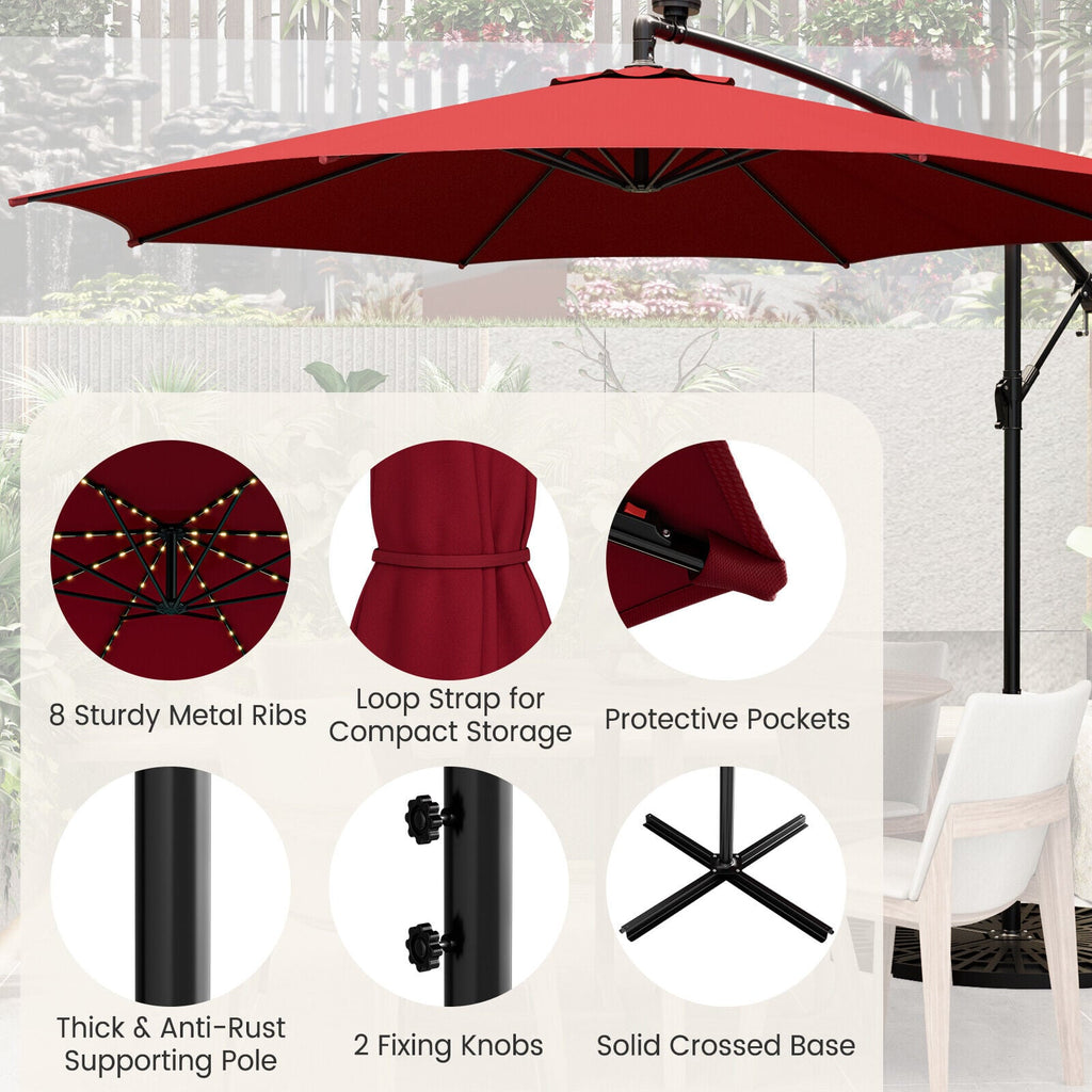 Parasol déporté de terrasse 3m avec 112 lumières LED solaires - Beige - Lie-de-vin
