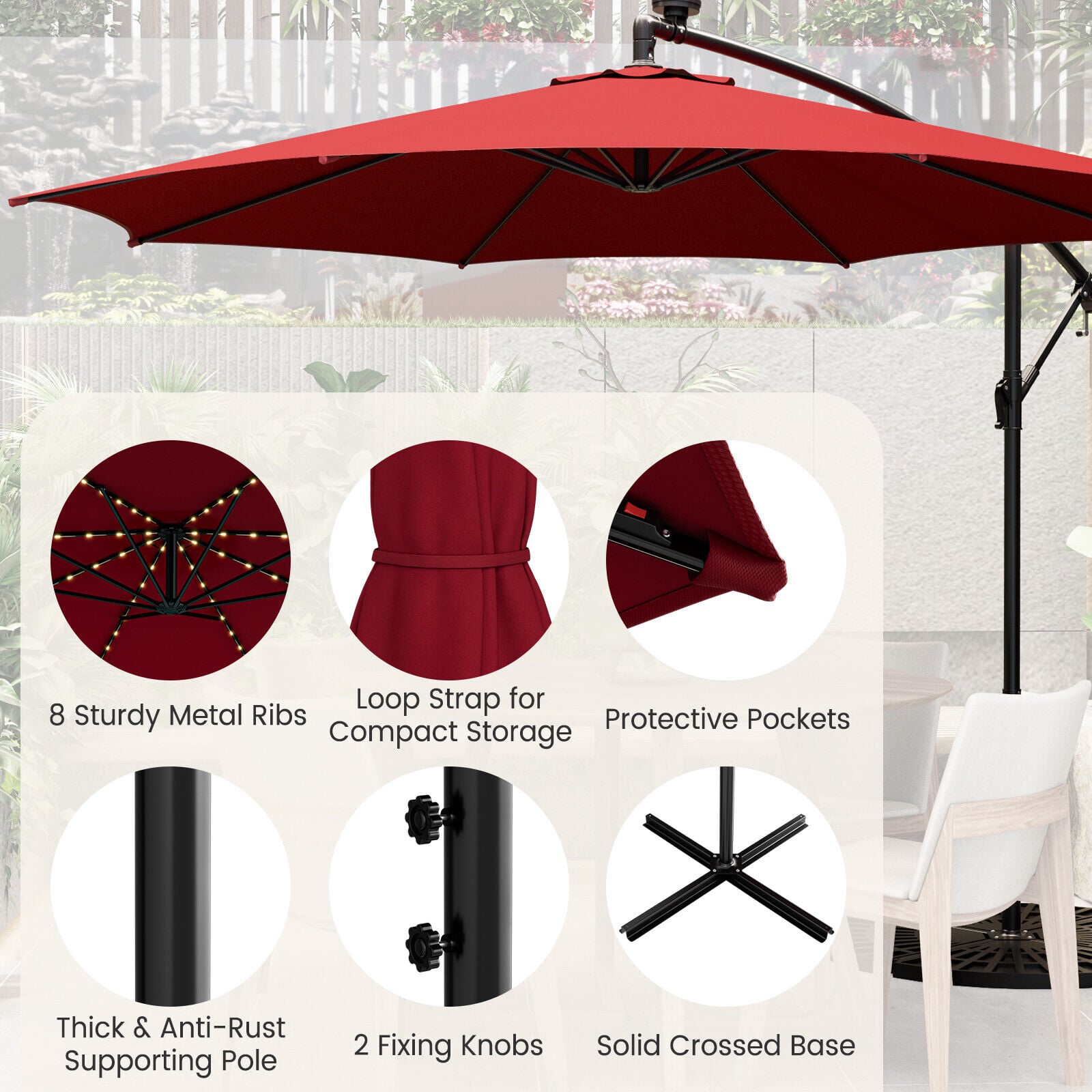 Parasol déporté de terrasse 3m avec 112 lumières LED solaires - Beige - Lie-de-vin
