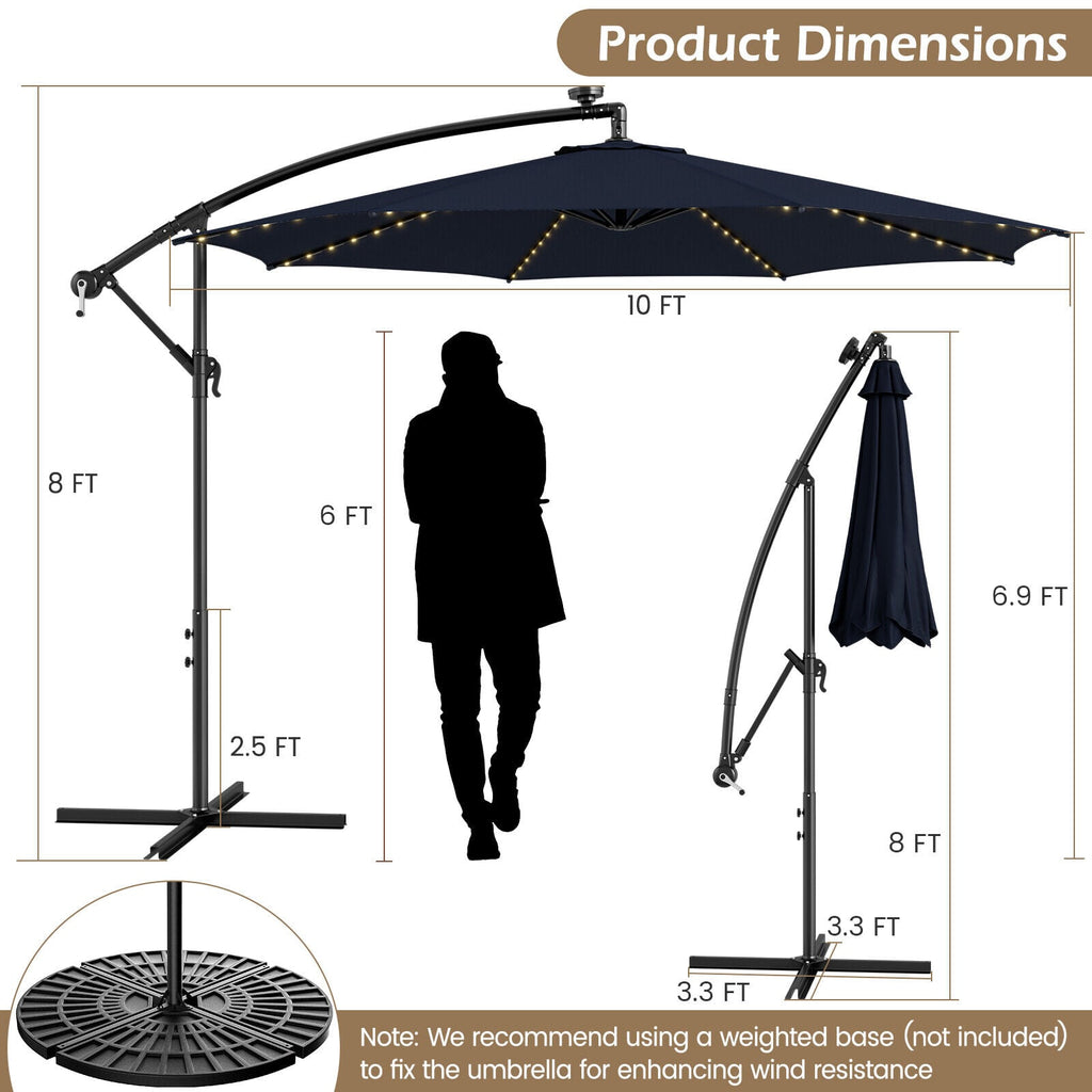 Parasol déporté de 3 m avec 112 lumières LED solaires - Beige - Bleu marine