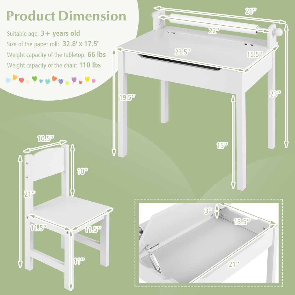 Wooden Kids Table and Chair Set with Storage and Paper Roll Holder-White