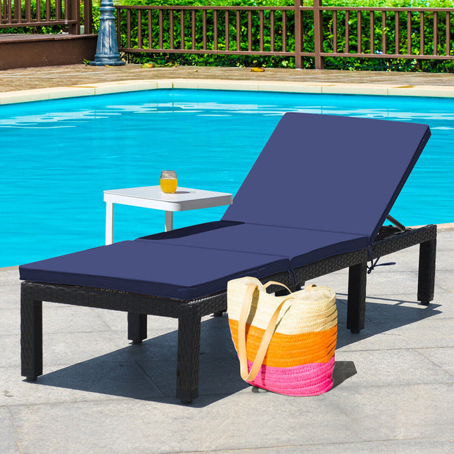Patio Rattan Height Adjustable Lounge Chair with 2 Set of Cushion Cover-Navy & Off White