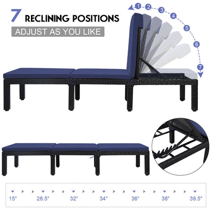 Patio Rattan Height Adjustable Lounge Chair with 2 Set of Cushion Cover-Navy & Off White