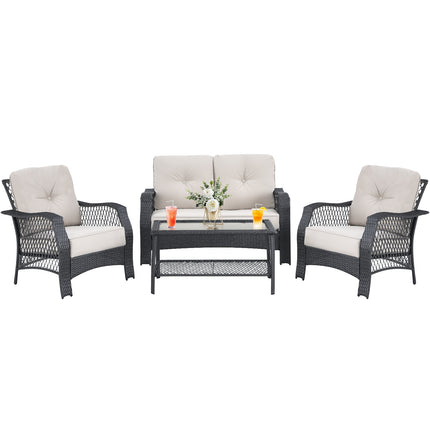 4 Pieces Patio Wicker Furniture Set Loveseat Sofa Coffee Table with Cushion-Beige