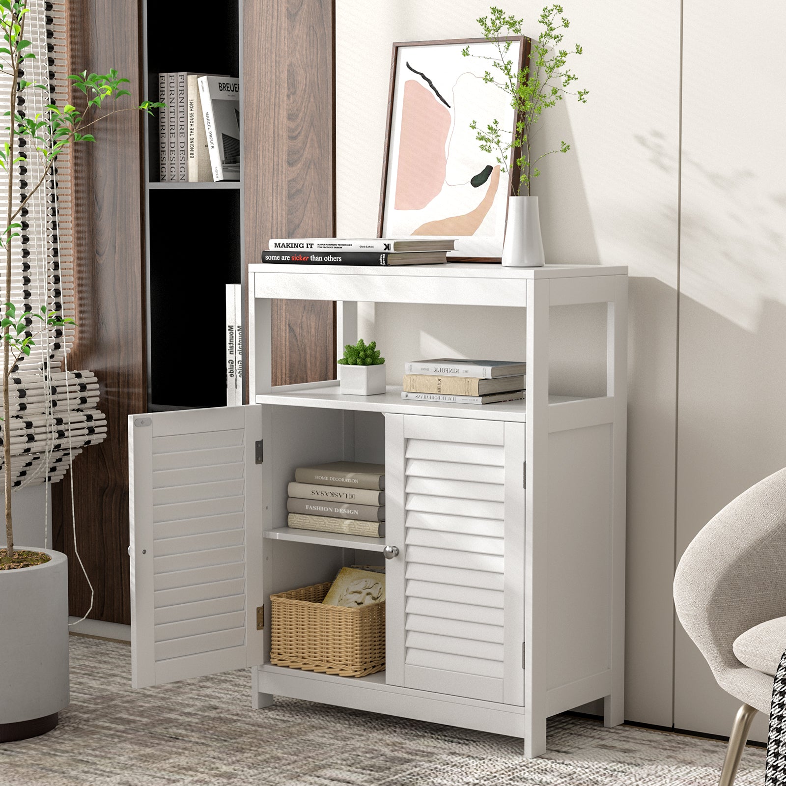 Freestanding Bathroom Floor Cabinet with Double Shutter Doors-White