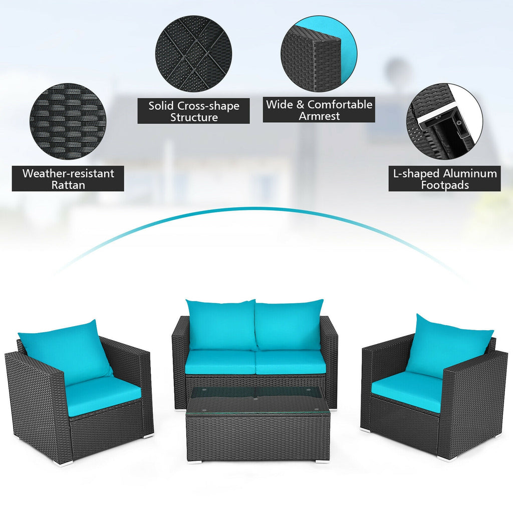 Ensemble de 4 meubles de patio en rotin coussiné - Turquoise