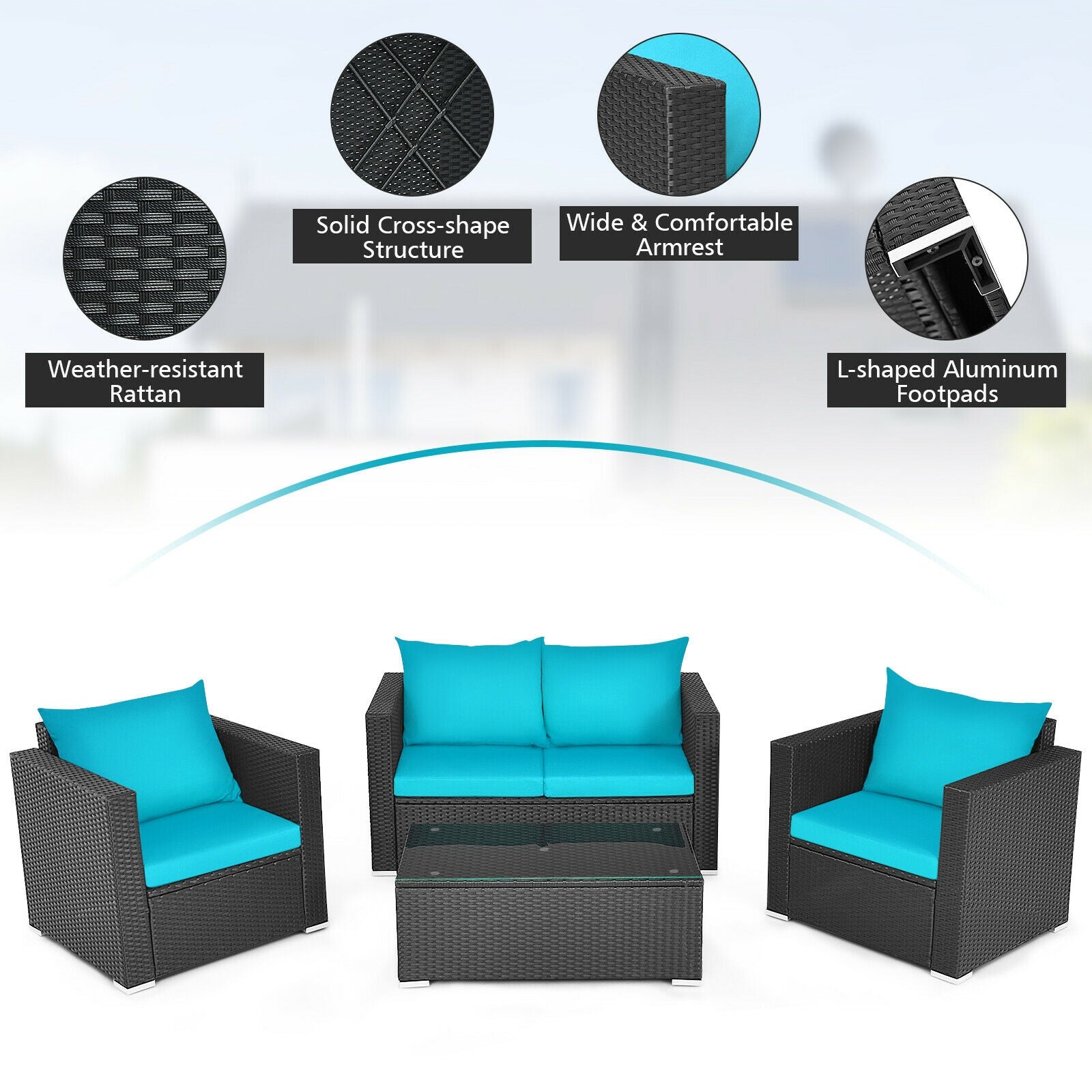 Ensemble de 4 meubles de patio en rotin coussiné - Turquoise