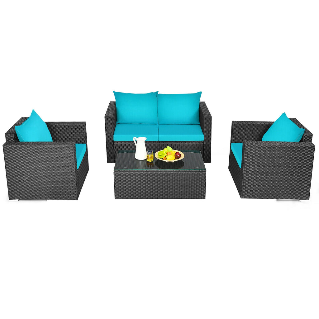 Ensemble de 4 meubles de patio en rotin coussiné - Turquoise