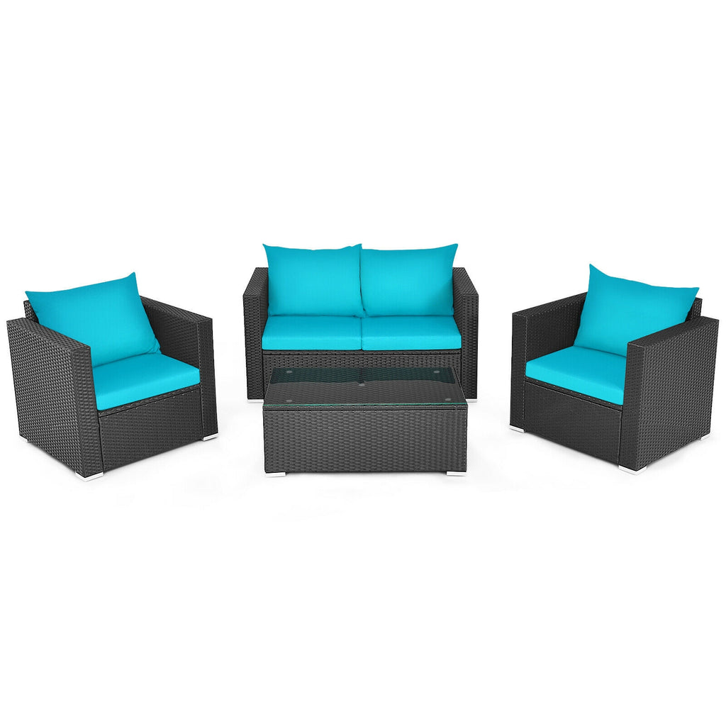 Ensemble de 4 meubles de patio en rotin coussiné - Turquoise