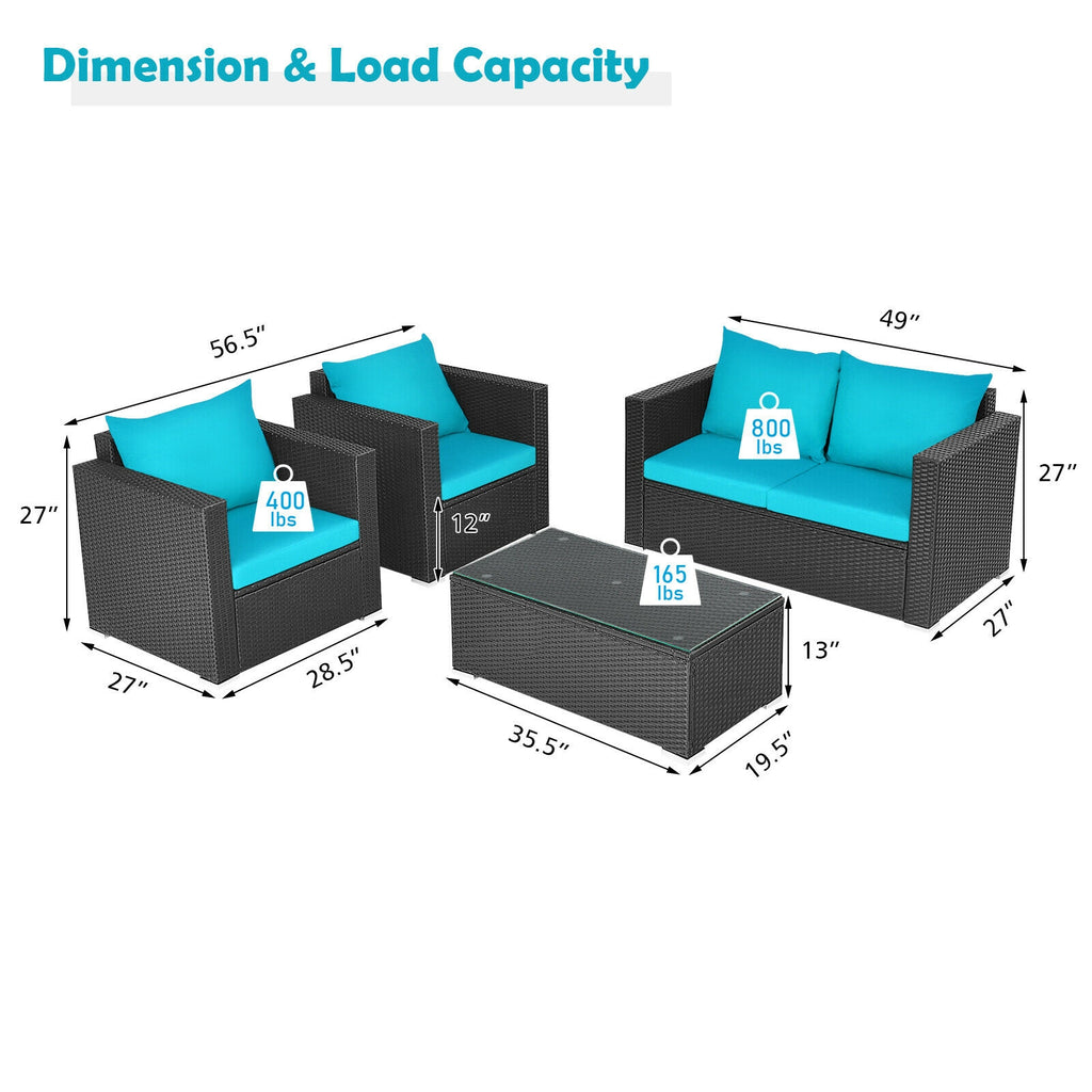 Ensemble de 4 meubles de patio en rotin coussiné - Turquoise