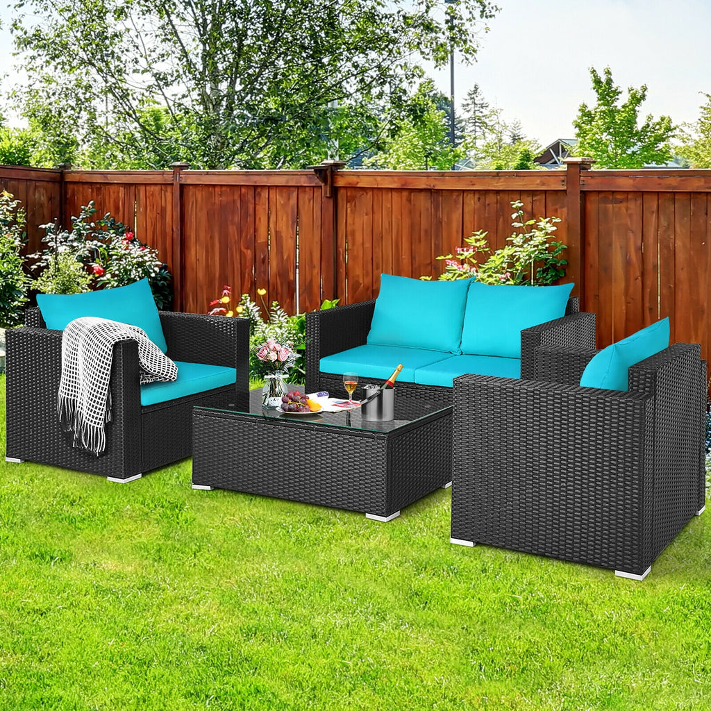 Ensemble de 4 meubles de patio en rotin coussiné - Turquoise