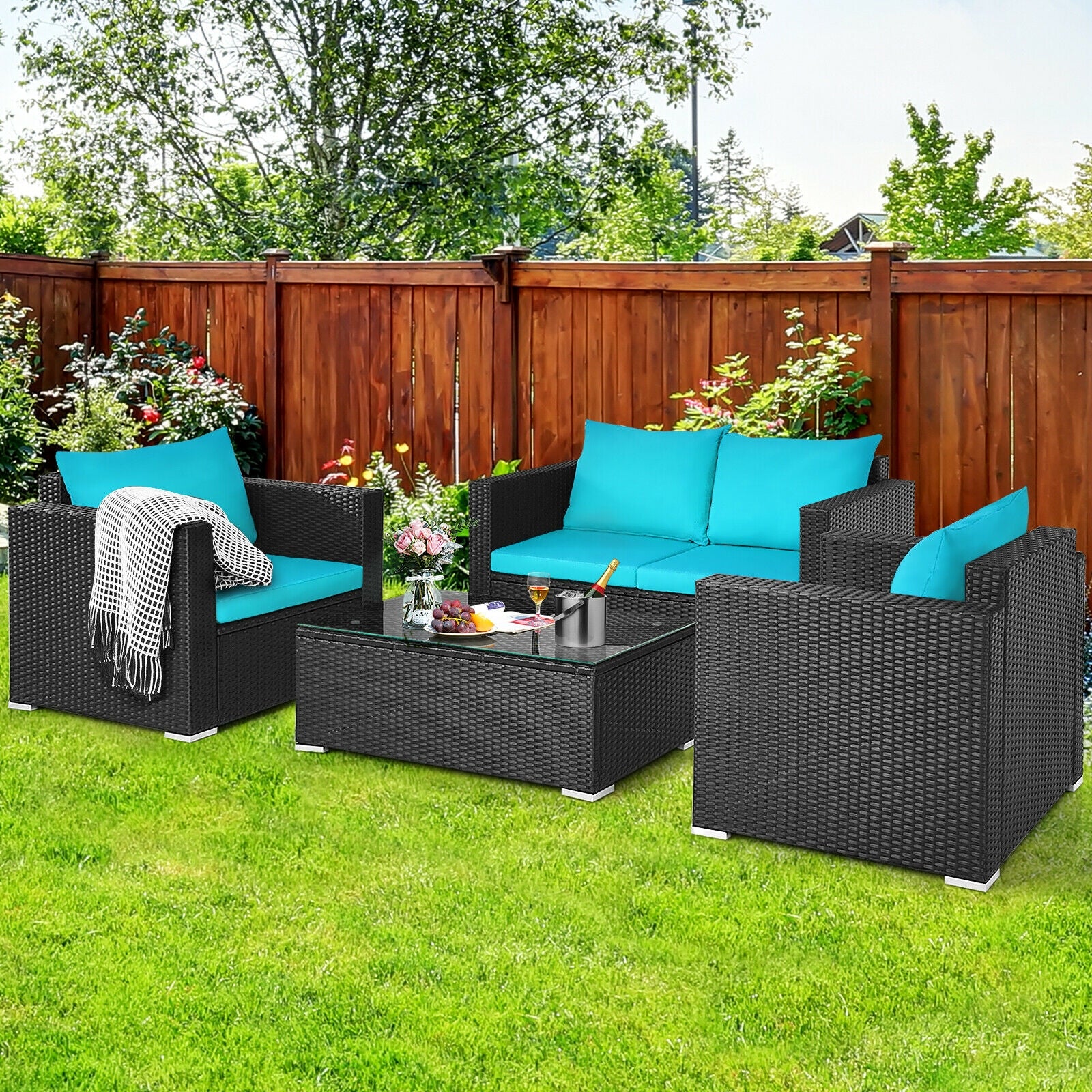 Ensemble de 4 meubles de patio en rotin coussiné - Turquoise